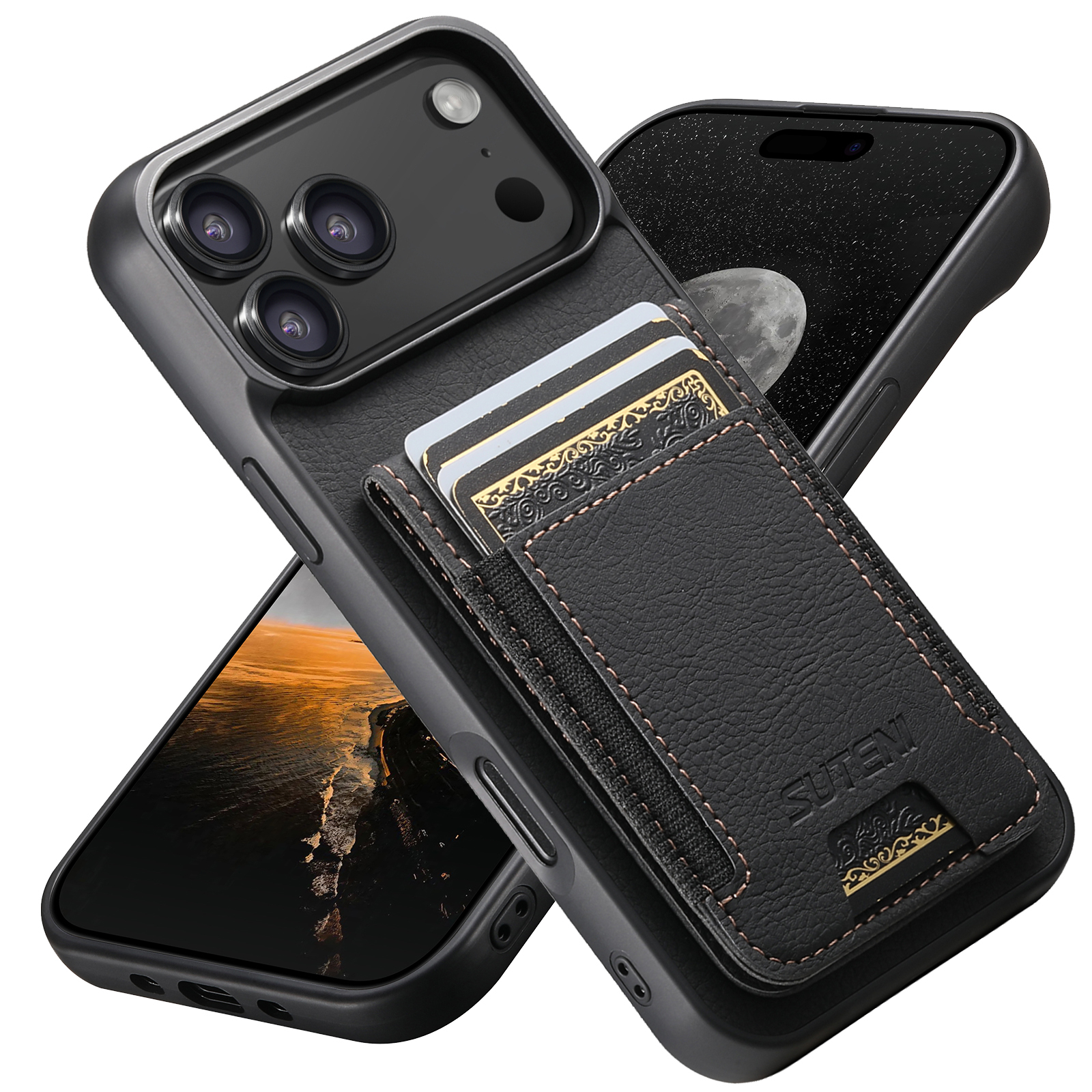 SUTENI H03LZ Luxury Faux Leather Card Holder Stand Phone Case Frosted Feel For iPhone 17 Pro Max 16 Plus 15 14 13 12