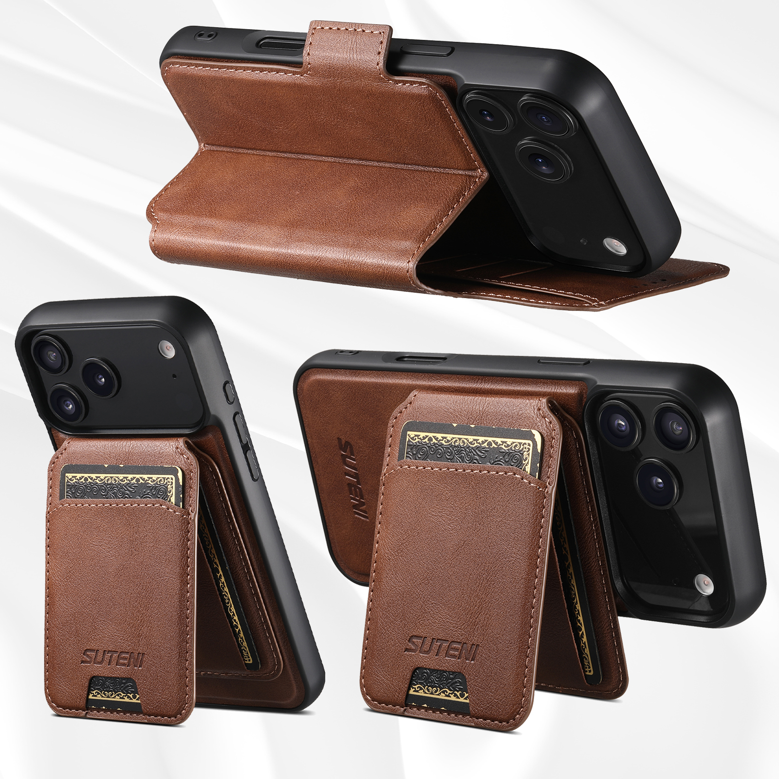 SUTENI Q07S2 Faux Leather Wireless Charging Card Holder Stand Wallet Magnetic Flip Cover Phone Case For iPhone 17 Pro Max 16 Plus 15 14 13 12