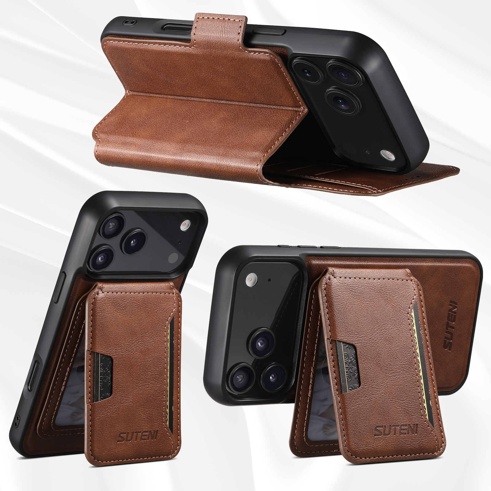 SUTENI Q07S3 Faux Leather Wireless Charging Card Holder Stand Wallet Magnetic Flip Cover Phone Case For iPhone 17 Pro Max 16 Plus 15 14 13 12