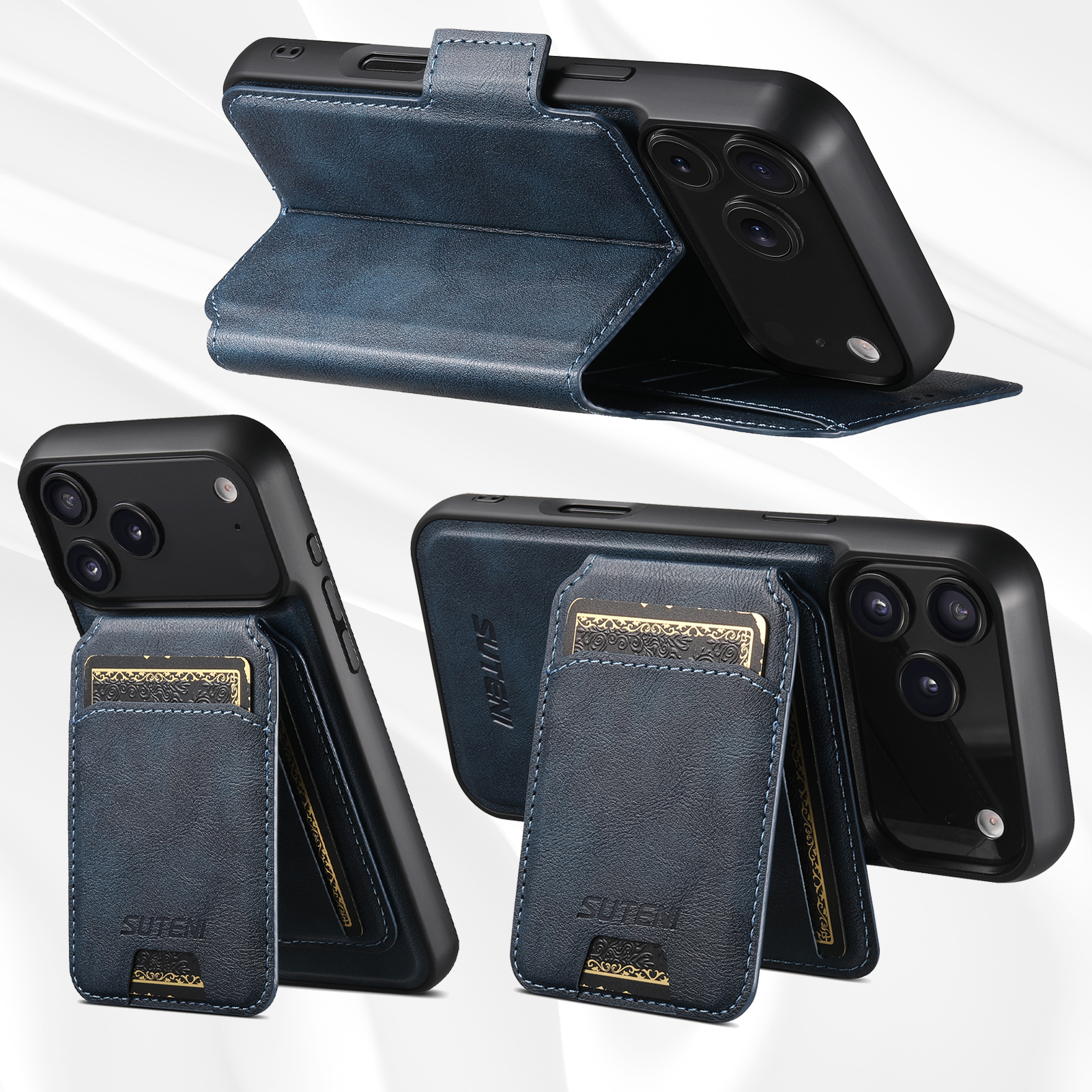 SUTENI Q07S2 Faux Leather Wireless Charging Card Holder Stand Wallet Magnetic Flip Cover Phone Case For iPhone 17 Pro Max 16 Plus 15 14 13 12