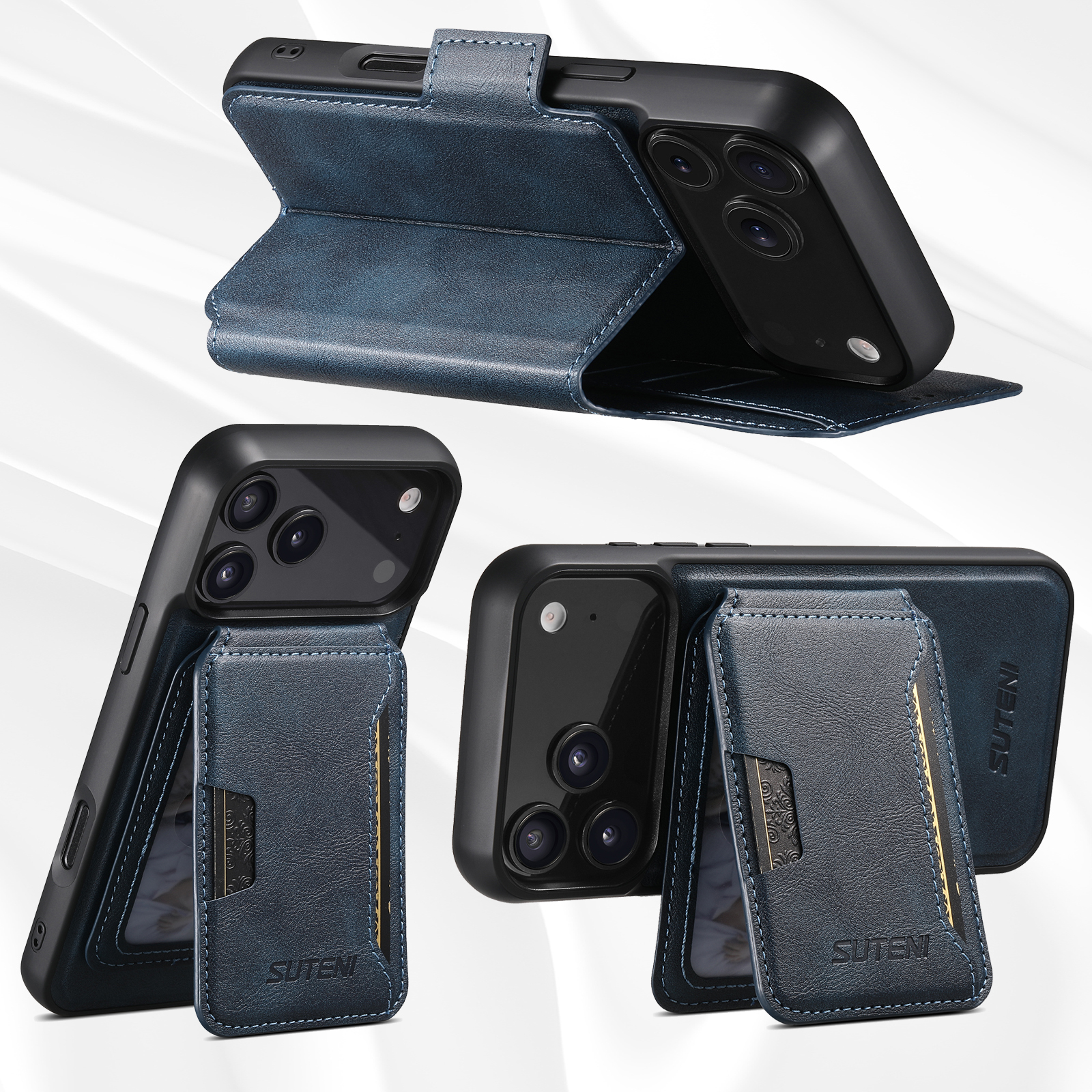 SUTENI Q07S3 Faux Leather Wireless Charging Card Holder Stand Wallet Magnetic Flip Cover Phone Case For iPhone 17 Pro Max 16 Plus 15 14 13 12