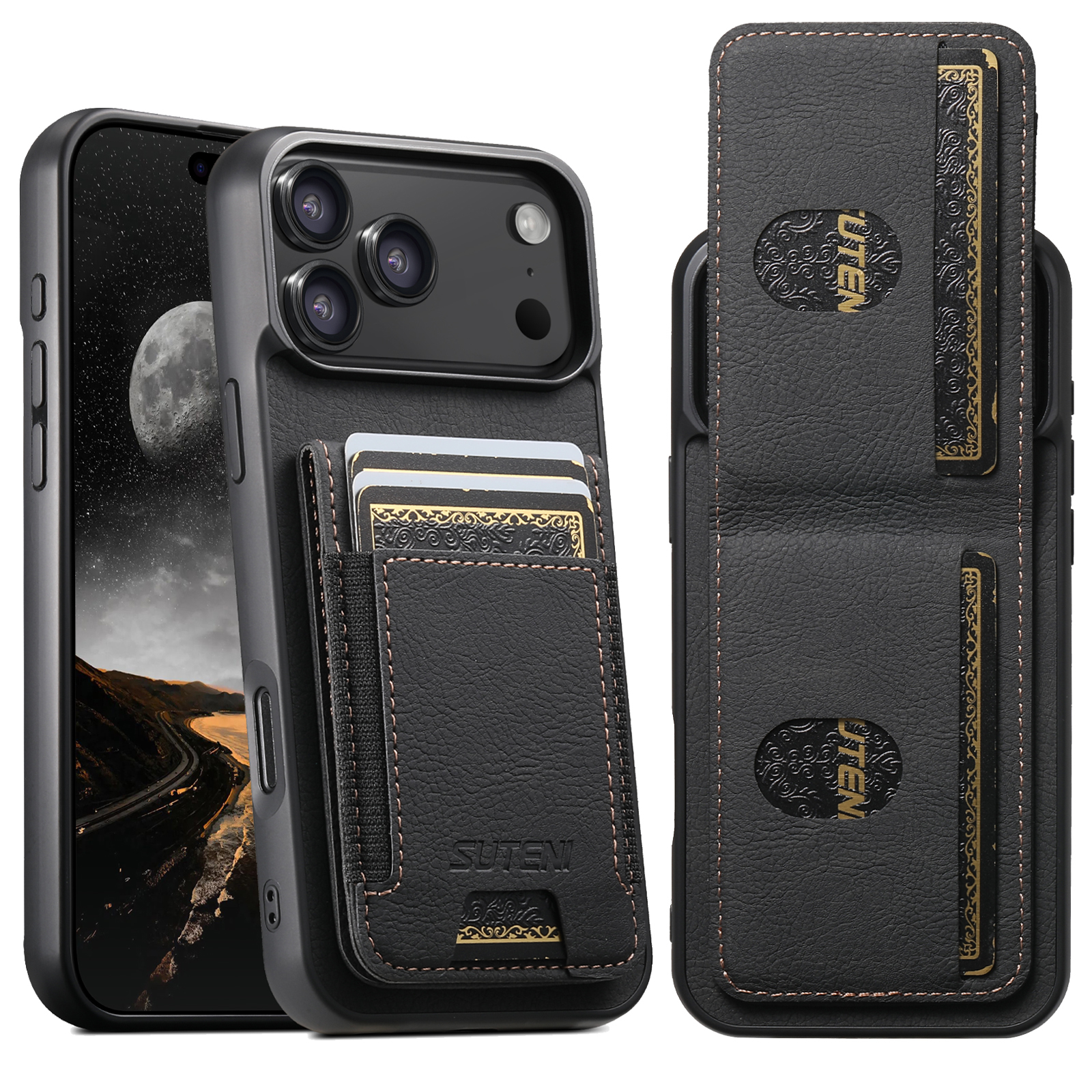 SUTENI H03LZ Luxury Faux Leather Card Holder Stand Phone Case Frosted Feel For iPhone 17 Pro Max 16 Plus 15 14 13 12