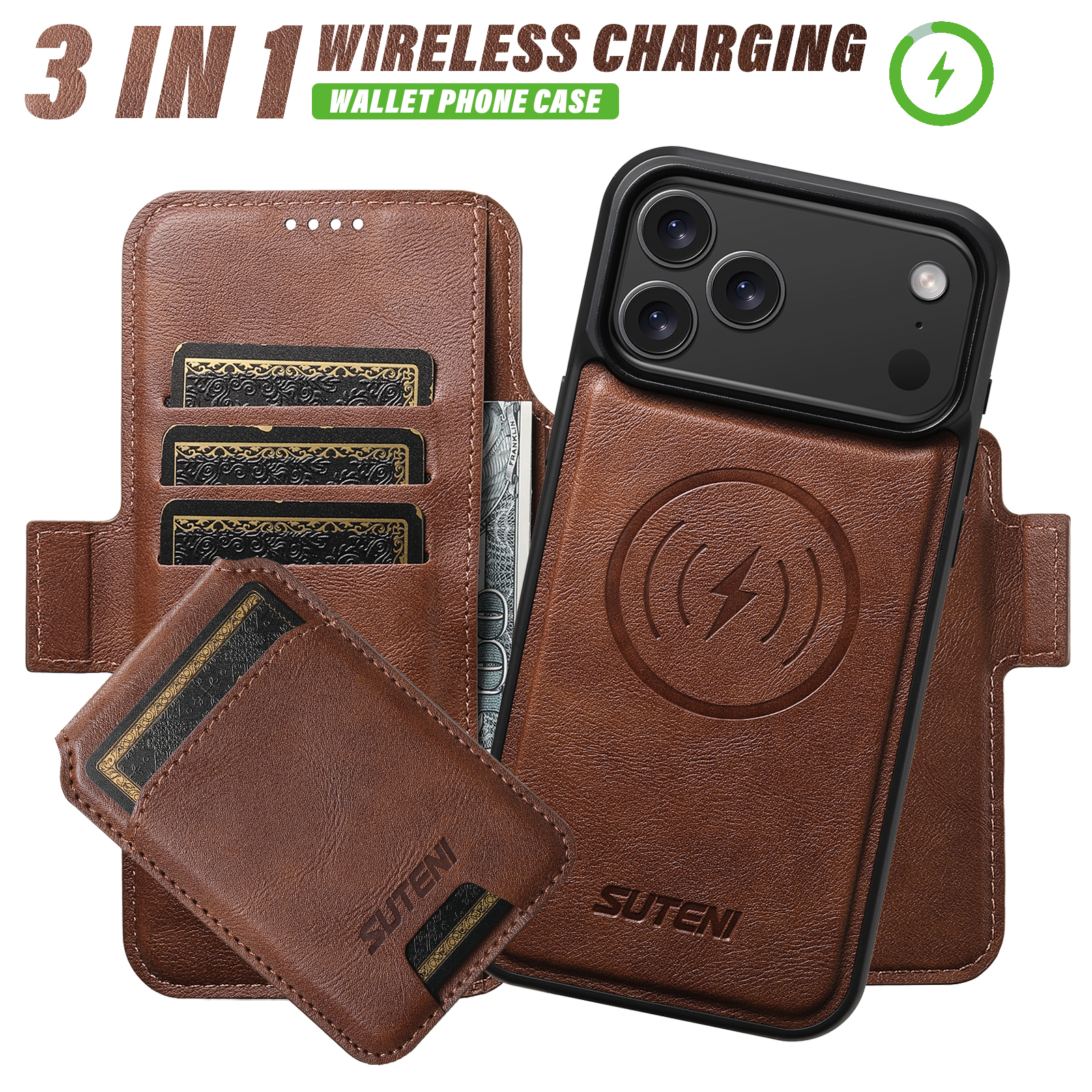 SUTENI Q07S2 Faux Leather Wireless Charging Card Holder Stand Wallet Magnetic Flip Cover Phone Case For iPhone 17 Pro Max 16 Plus 15 14 13 12