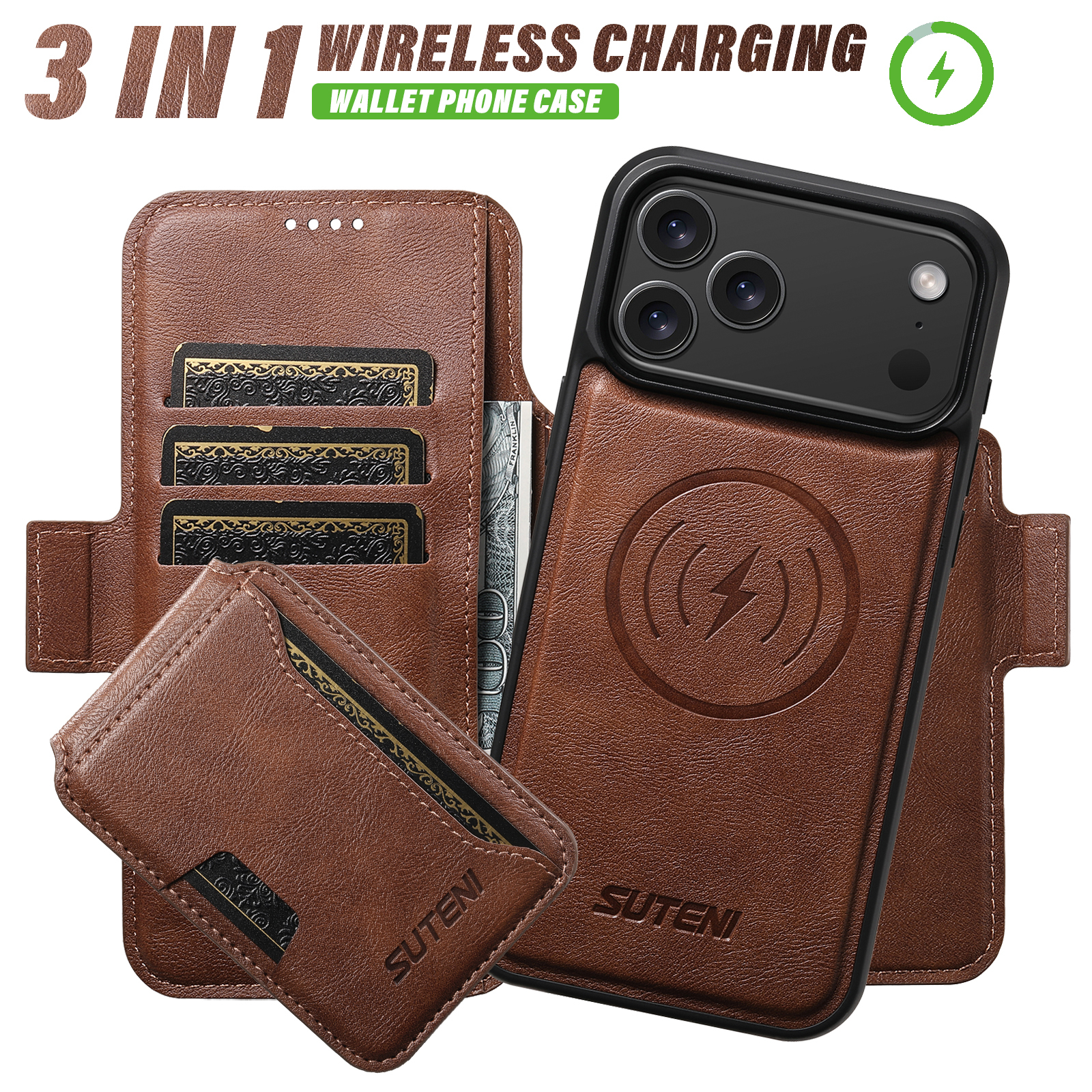 SUTENI Q07S3 Faux Leather Wireless Charging Card Holder Stand Wallet Magnetic Flip Cover Phone Case For iPhone 17 Pro Max 16 Plus 15 14 13 12