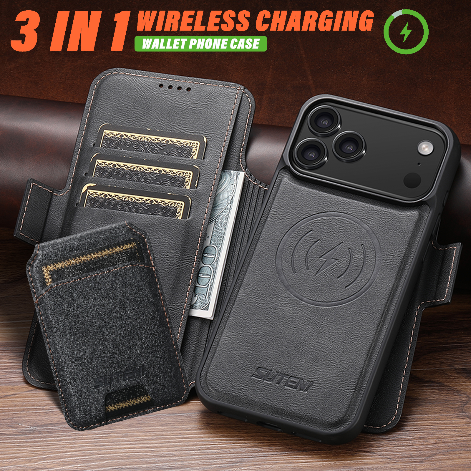 SUTENI Q07S2 Faux Leather Wireless Charging Card Holder Stand Wallet Magnetic Flip Cover Phone Case For iPhone 17 Pro Max 16 Plus 15 14 13 12