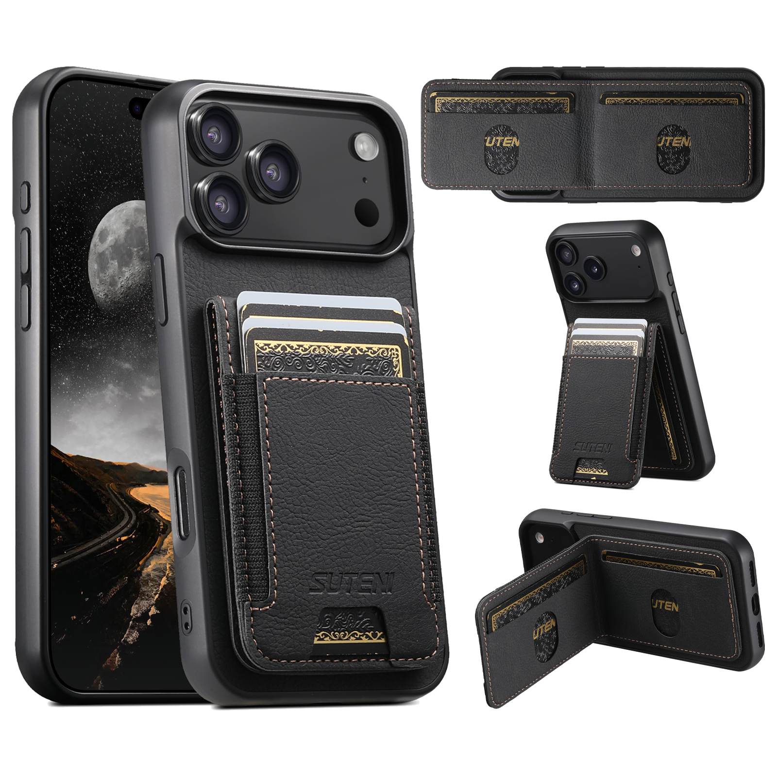 SUTENI H03LZ Luxury Faux Leather Card Holder Stand Phone Case Frosted Feel For iPhone 17 Pro Max 16 Plus 15 14 13 12
