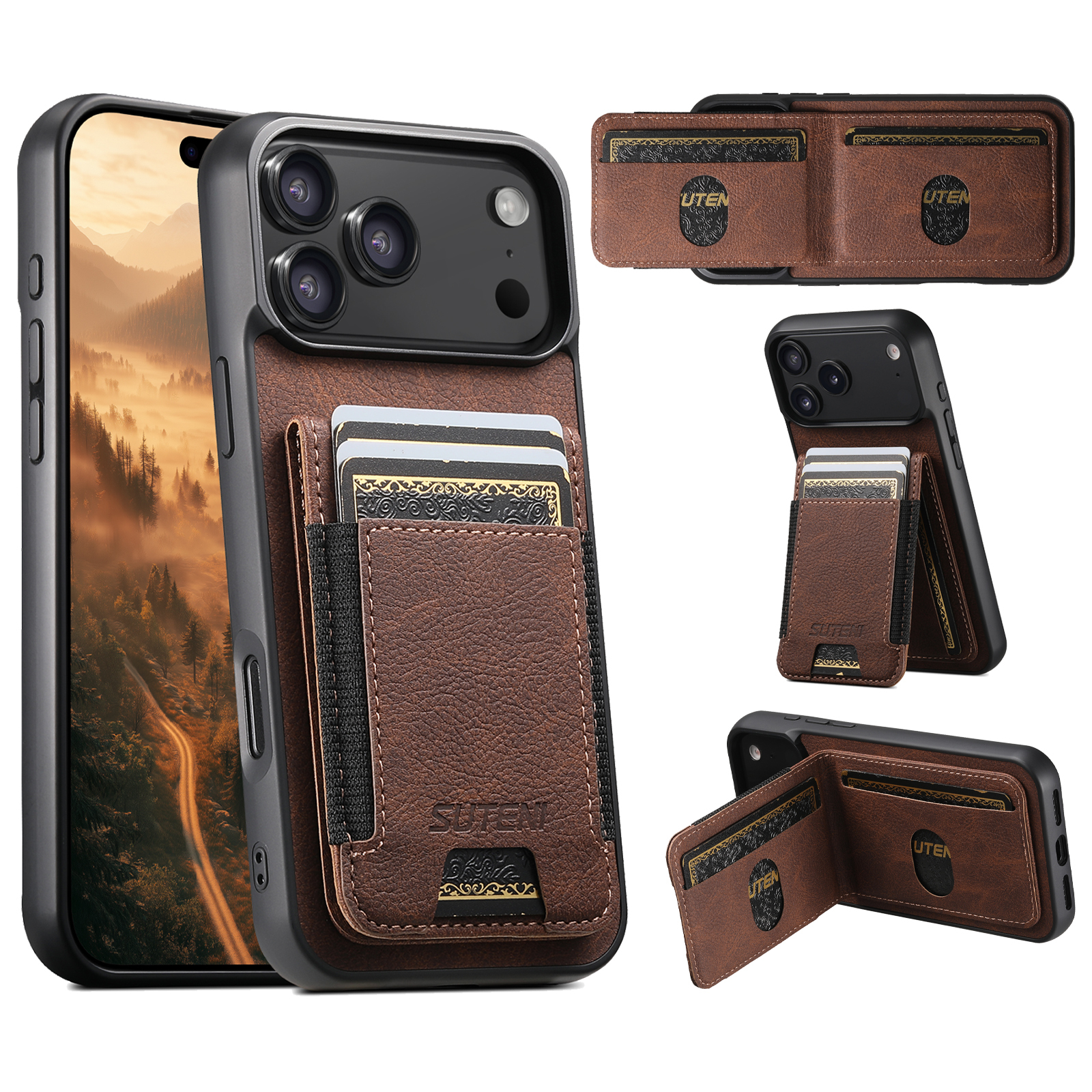 SUTENI H03LZ Luxury Faux Leather Card Holder Stand Phone Case Frosted Feel For iPhone 17 Pro Max 16 Plus 15 14 13 12