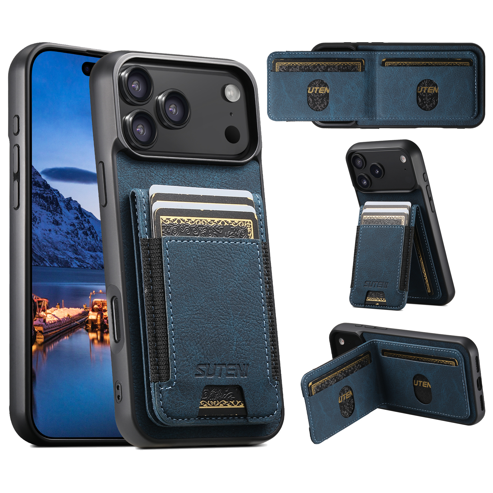 SUTENI H03LZ Luxury Faux Leather Card Holder Stand Phone Case Frosted Feel For iPhone 17 Pro Max 16 Plus 15 14 13 12