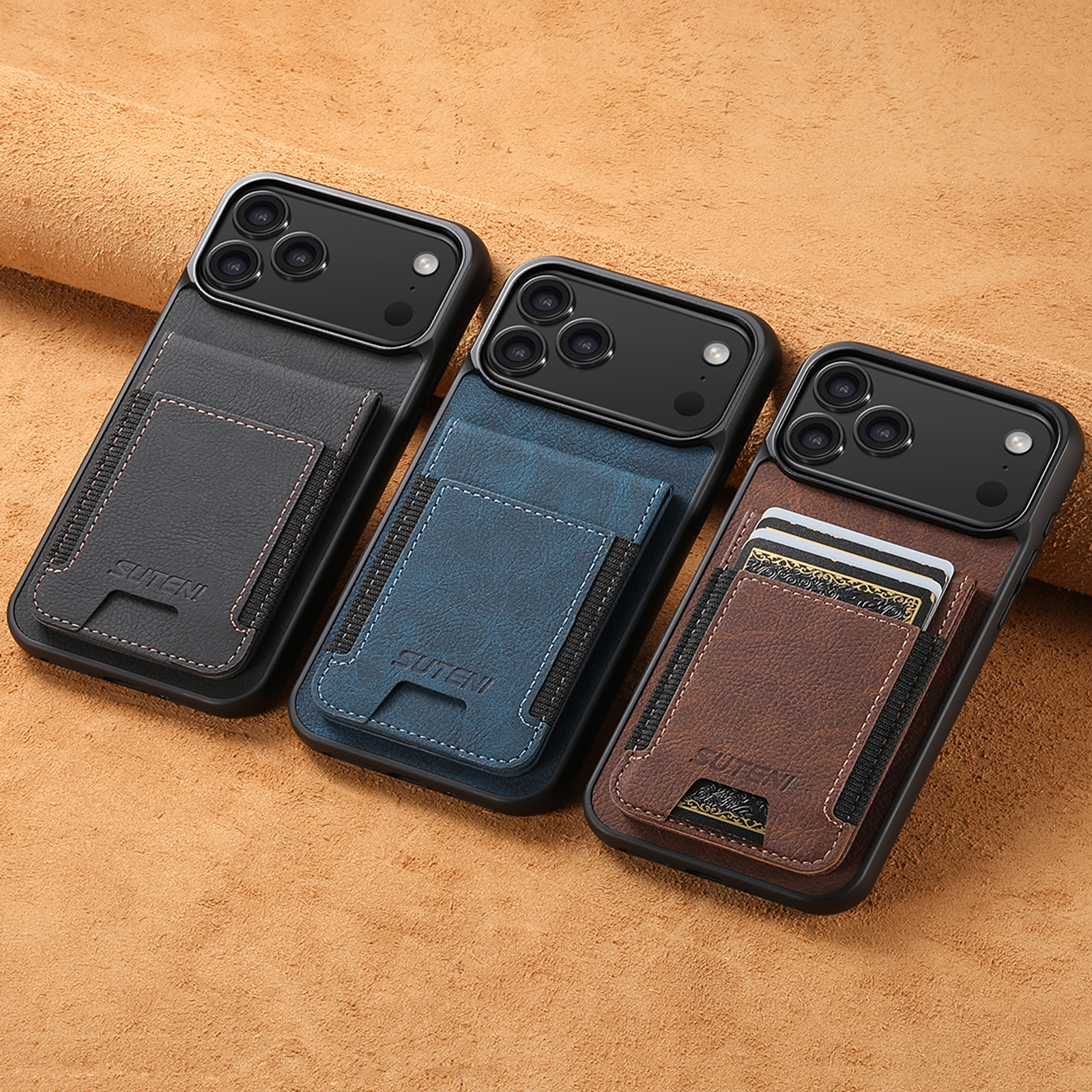 SUTENI H03LZ Luxury Faux Leather Card Holder Stand Phone Case Frosted Feel For iPhone 17 Pro Max 16 Plus 15 14 13 12