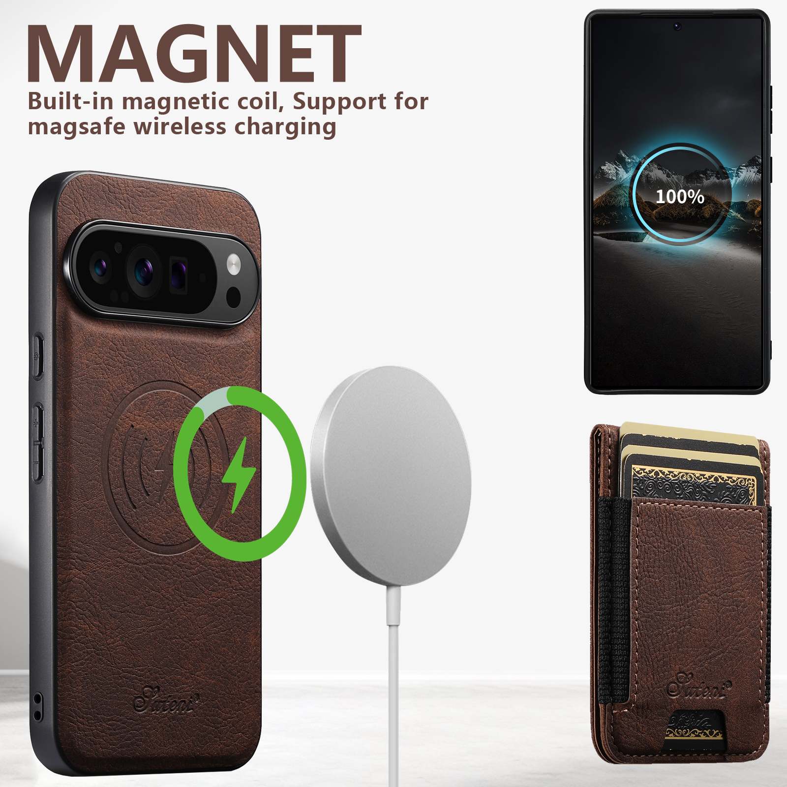 SUTENI H17LZ Magnet Wireless Charging Card Holder Stand Luxury Faux Leather Phone Case For Google Pixel 10ProXL 9 8A 7 6