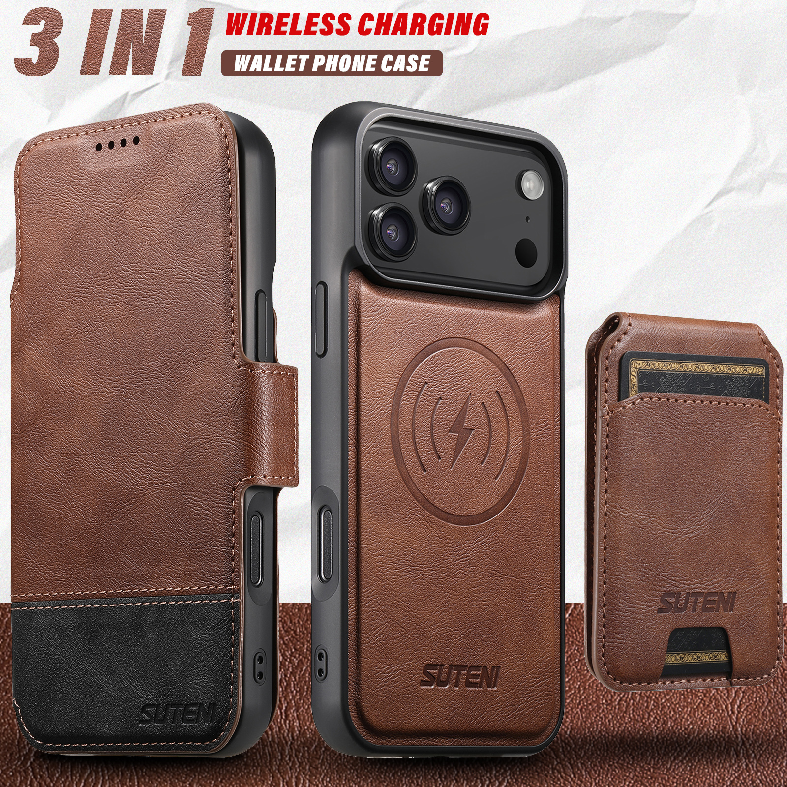 SUTENI Q06S2 Faux Leather Wireless Charging Card Holder Stand Wallet Magnetic Flip Cover Phone Case For iPhone 17 Pro Max 16 Plus 15 14 13 12