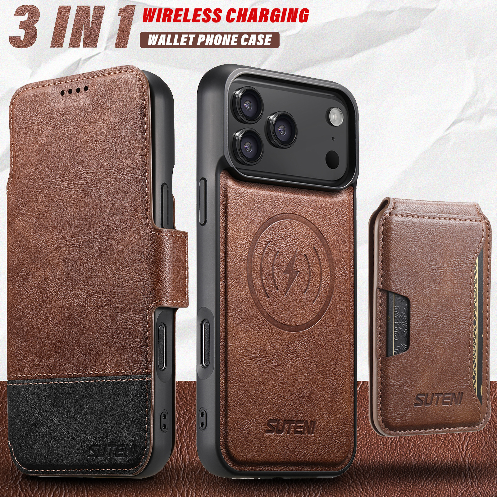 SUTENI Q06S3 Faux Leather Wireless Charging Card Holder Stand Wallet Magnetic Flip Cover Phone Case For iPhone 17 Pro Max 16 Plus 15 14 13 12