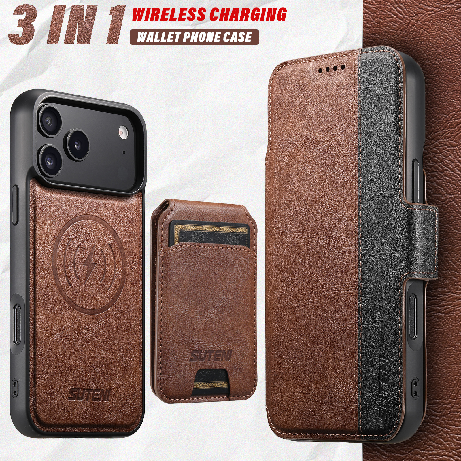 SUTENI Q07S2 Faux Leather Wireless Charging Card Holder Stand Wallet Magnetic Flip Cover Phone Case For iPhone 17 Pro Max 16 Plus 15 14 13 12
