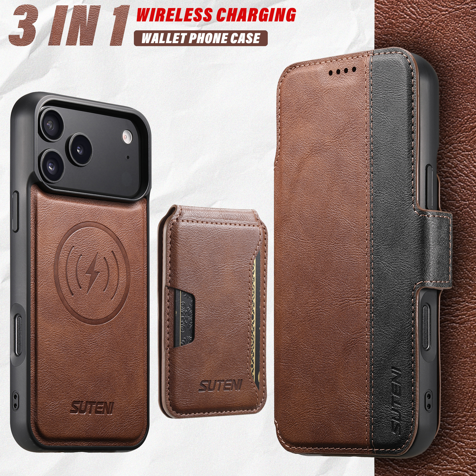SUTENI Q07S3 Faux Leather Wireless Charging Card Holder Stand Wallet Magnetic Flip Cover Phone Case For iPhone 17 Pro Max 16 Plus 15 14 13 12