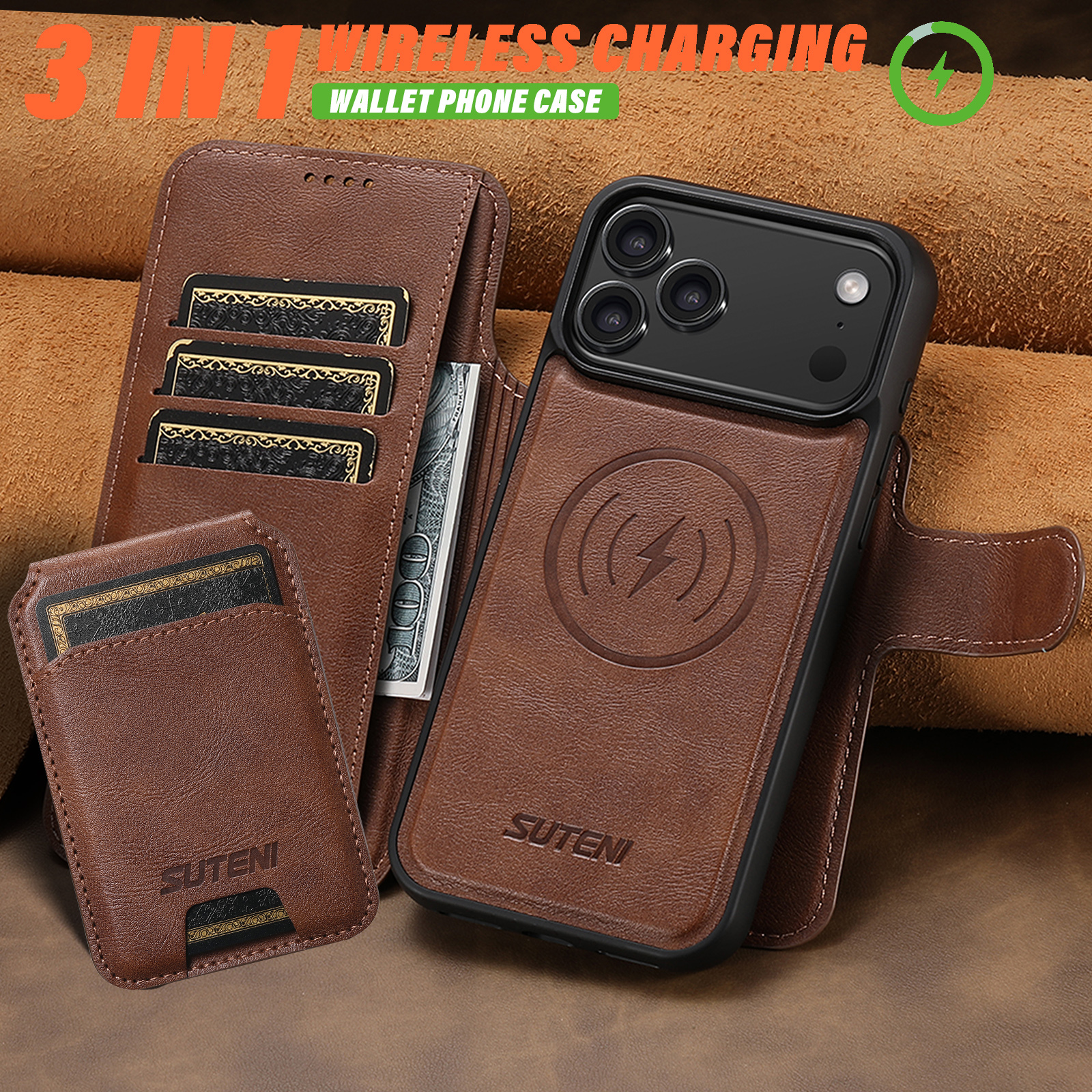 SUTENI Q05S2 Faux Leather Wireless Charging Card Holder Stand Wallet Magnetic Flip Cover Phone Case For iPhone 17 Pro Max 16 Plus 15 14 13 12