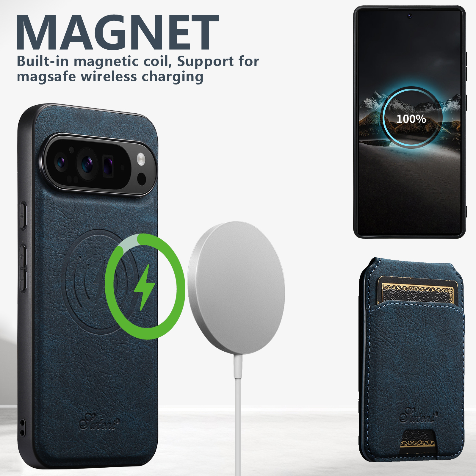 SUTENI H16 Wireless Charging Phone Case Magnet Card Holder Stand Faux Leather For Google Pixel 10ProXL 9 8A 7 6