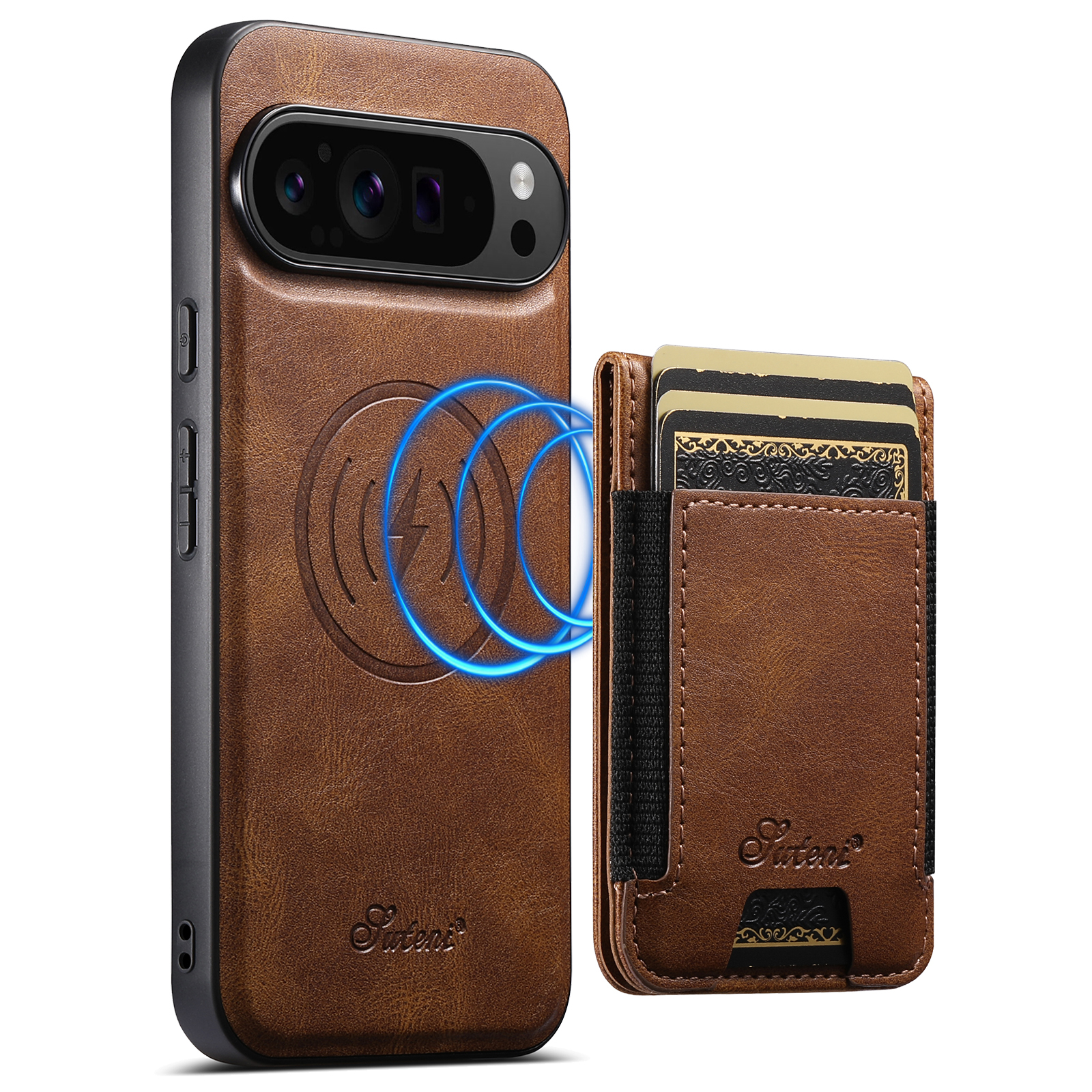 SUTENI H17YL Faux Leather Phone Case Wireless Charging Magnet Card Holder Stand For Google Pixel 10ProXL 9 8A 7 6