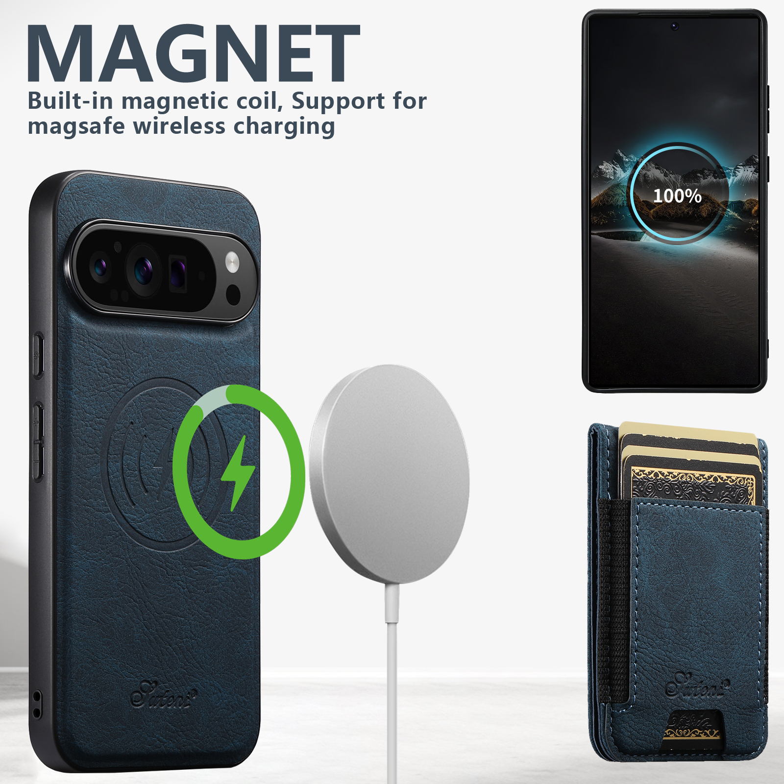 SUTENI H17LZ Magnet Wireless Charging Card Holder Stand Luxury Faux Leather Phone Case For Google Pixel 10ProXL 9 8A 7 6