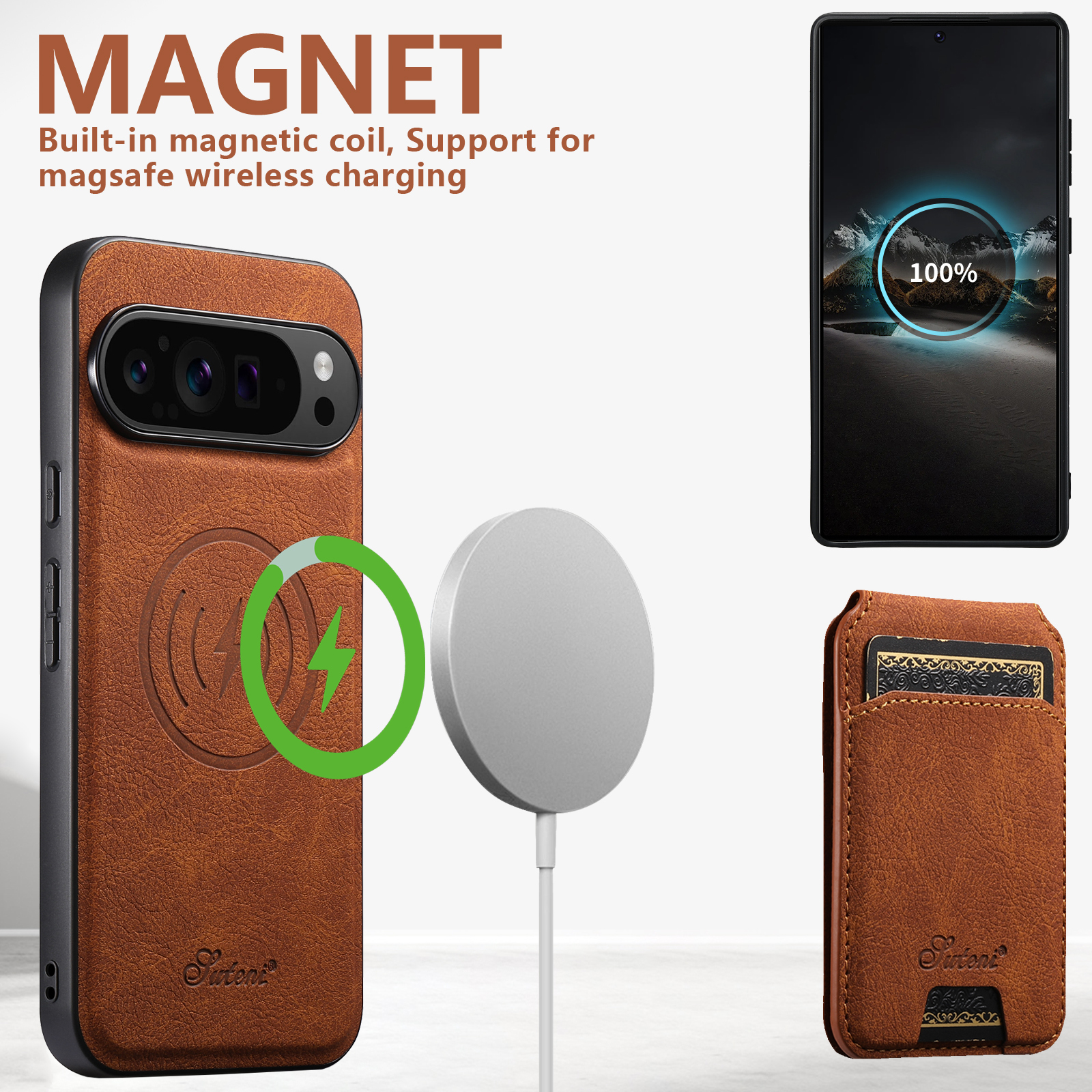 SUTENI H16 Wireless Charging Phone Case Magnet Card Holder Stand Faux Leather For Google Pixel 10ProXL 9 8A 7 6