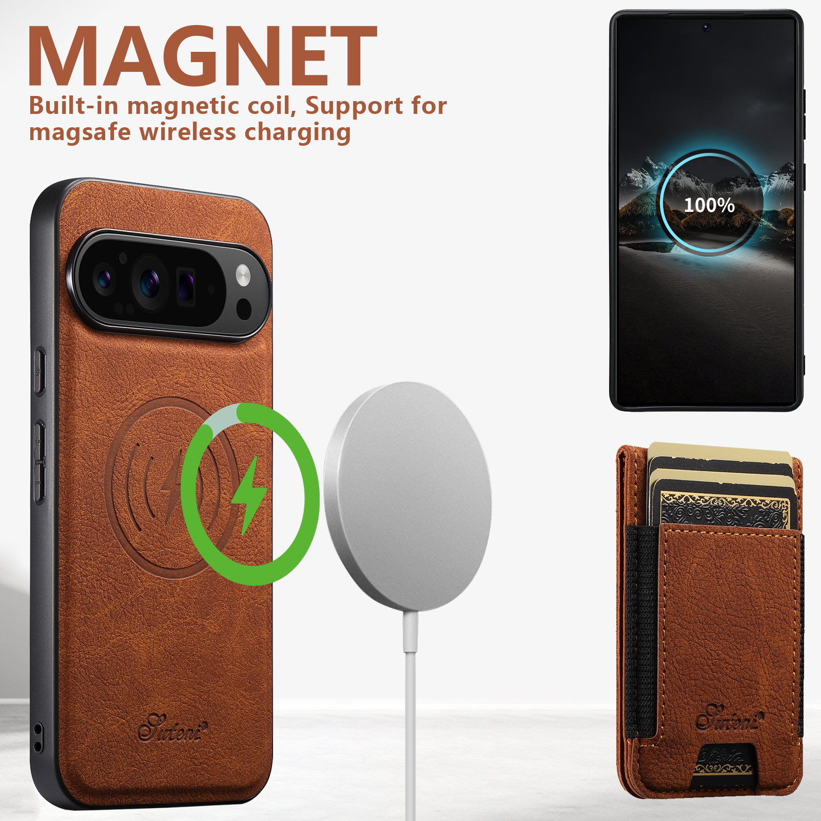 SUTENI H17LZ Magnet Wireless Charging Card Holder Stand Luxury Faux Leather Phone Case For Google Pixel 10ProXL 9 8A 7 6
