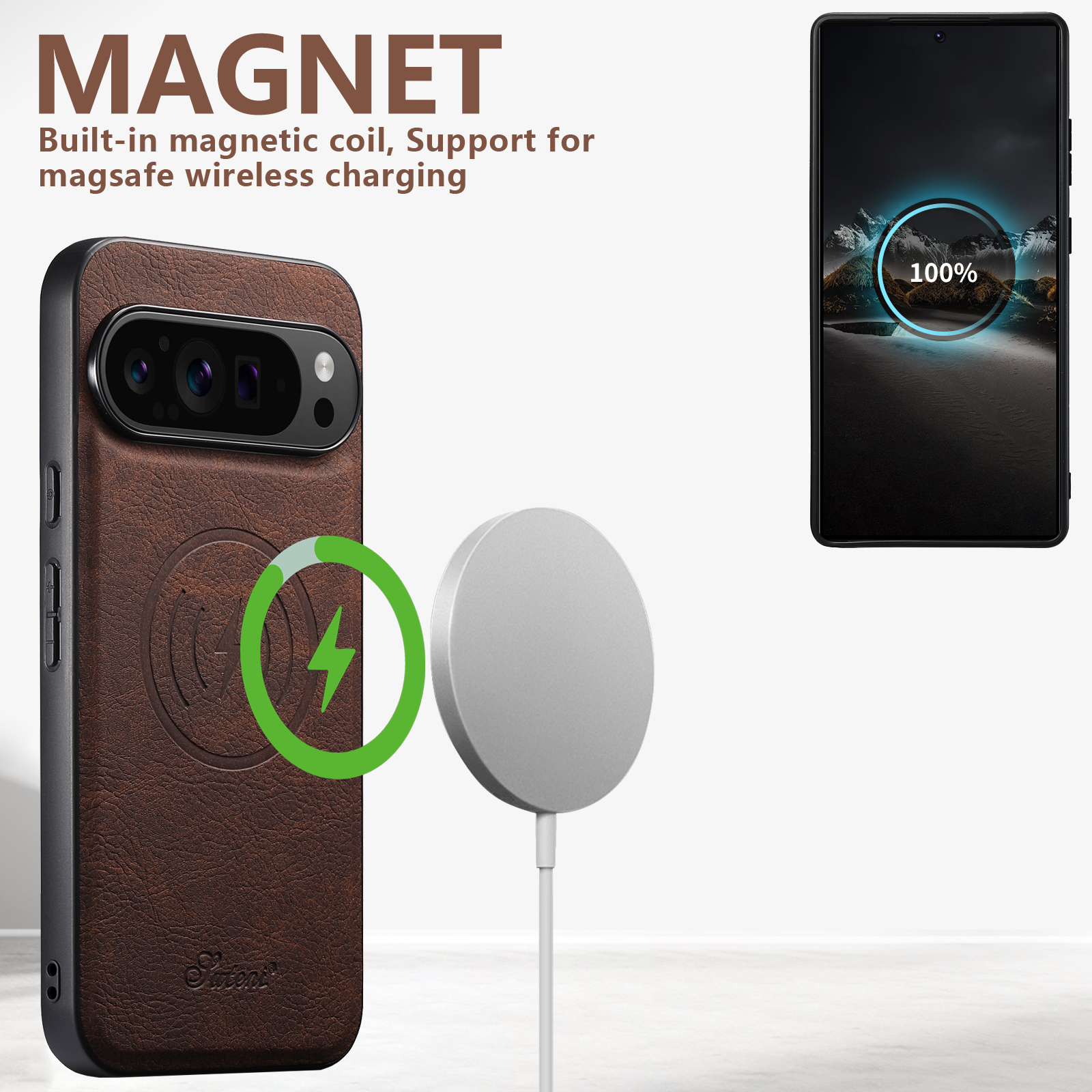 SUTENI H16DK Luxury Faux Leather Phone Case Magnet Wireless Charging Frosted Feel For Google Pixel 10ProXL 9 8A 7 6