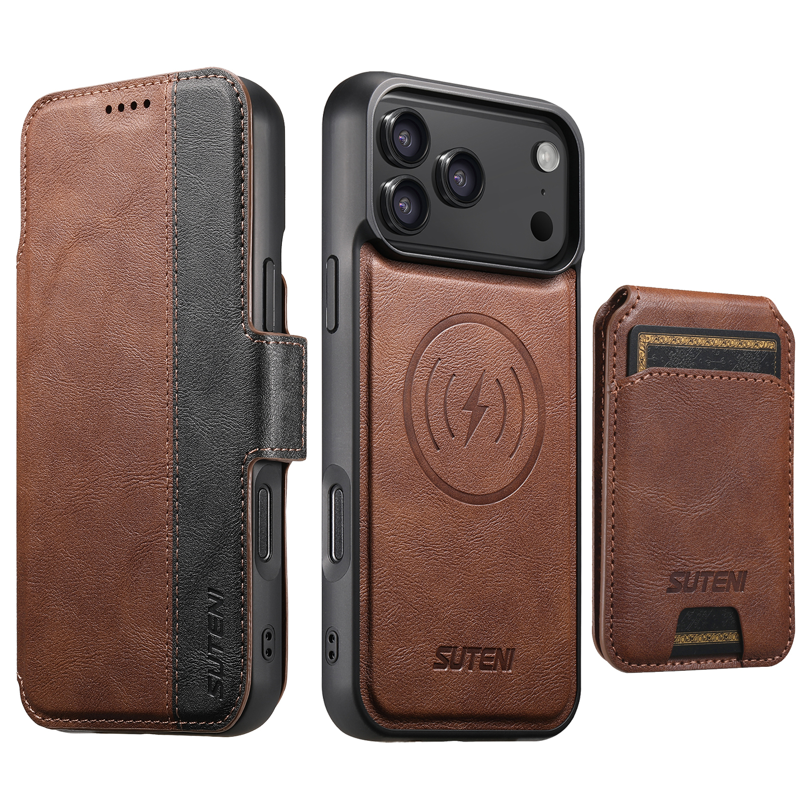 SUTENI Q07S2 Faux Leather Wireless Charging Card Holder Stand Wallet Magnetic Flip Cover Phone Case For iPhone 17 Pro Max 16 Plus 15 14 13 12