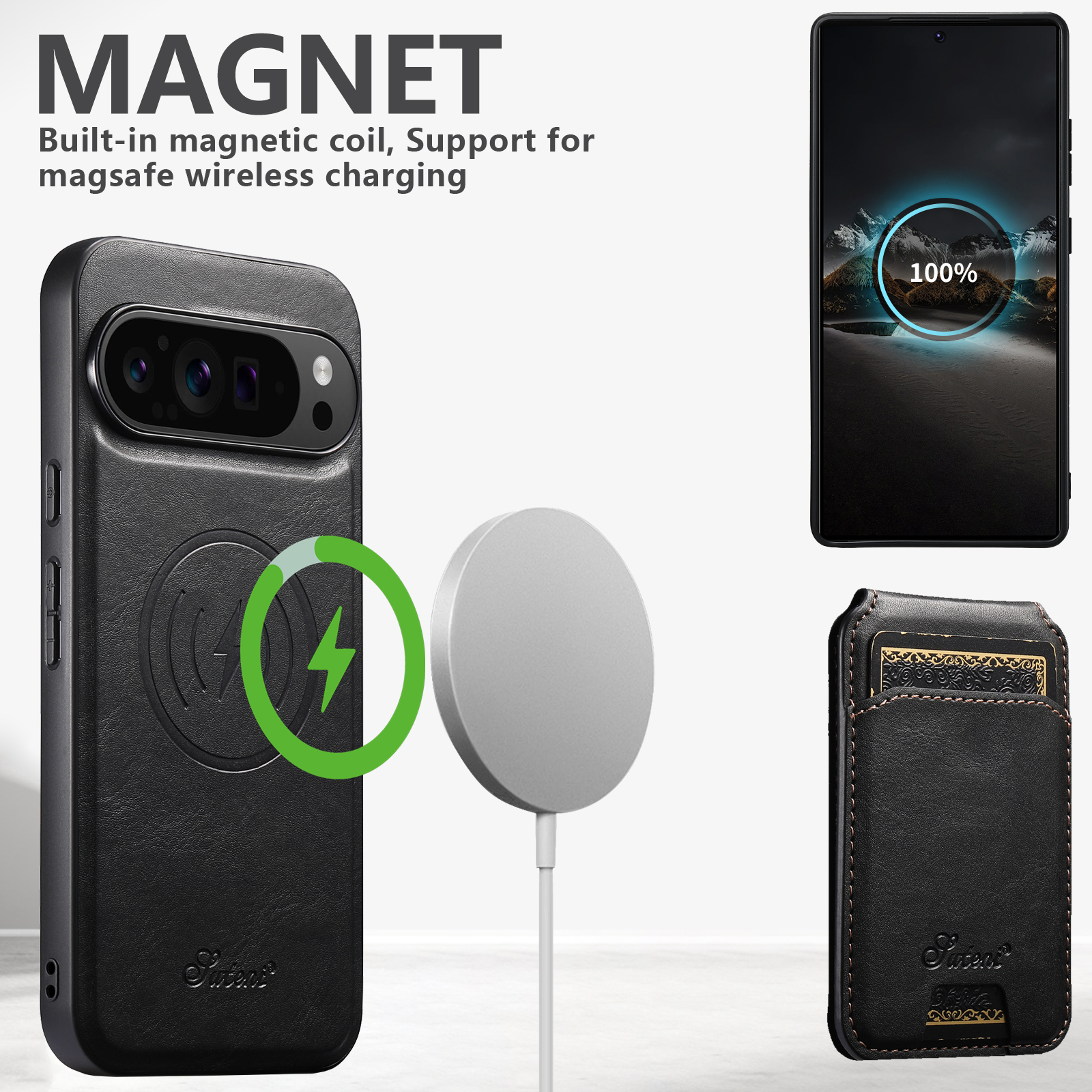 SUTENI H15 Wireless Charging Faux Leather Magnet Card Holder Stand Picture frame Phone Case For Google Pixel 10ProXL 9 8A 7 6
