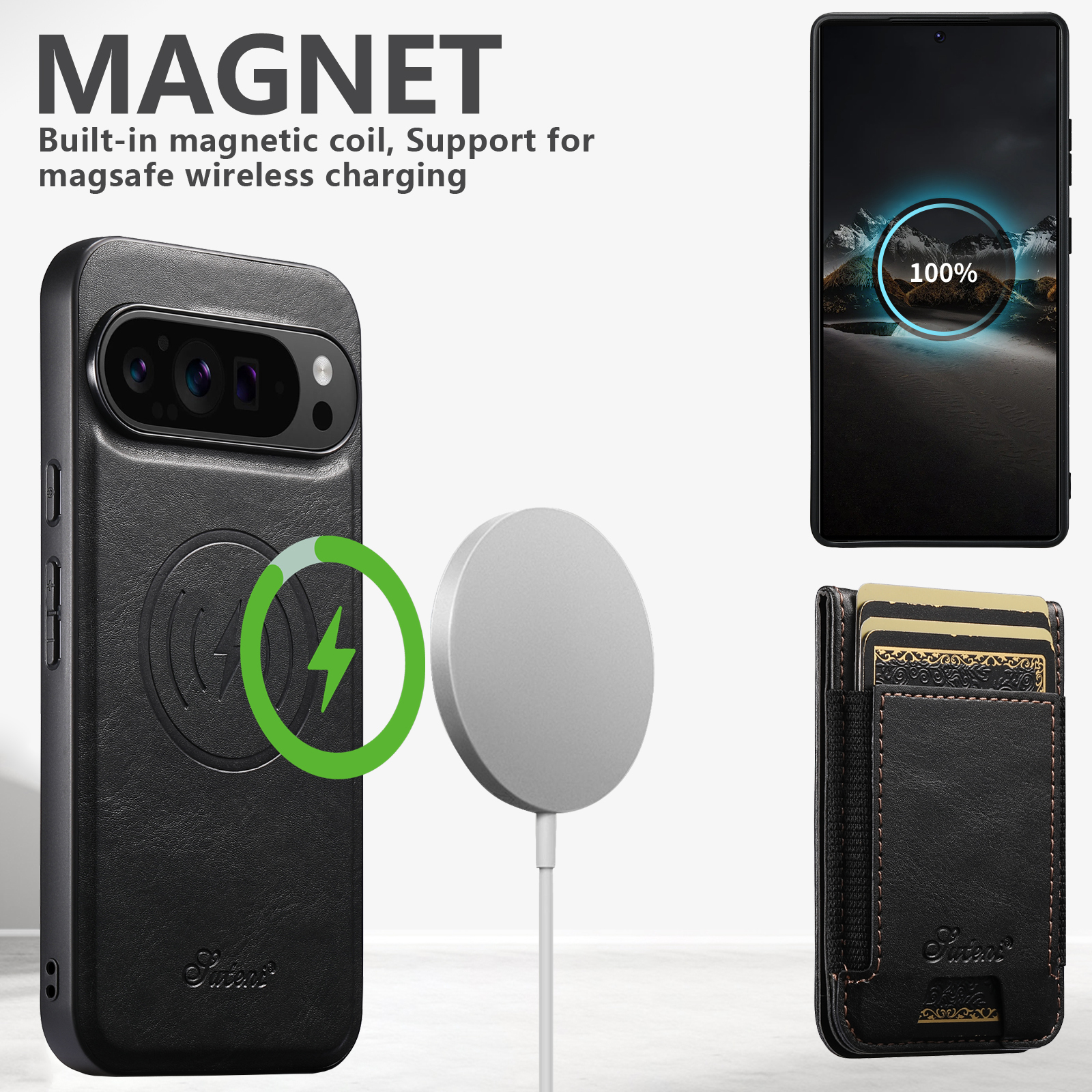 SUTENI H17YL Faux Leather Phone Case Wireless Charging Magnet Card Holder Stand For Google Pixel 10ProXL 9 8A 7 6