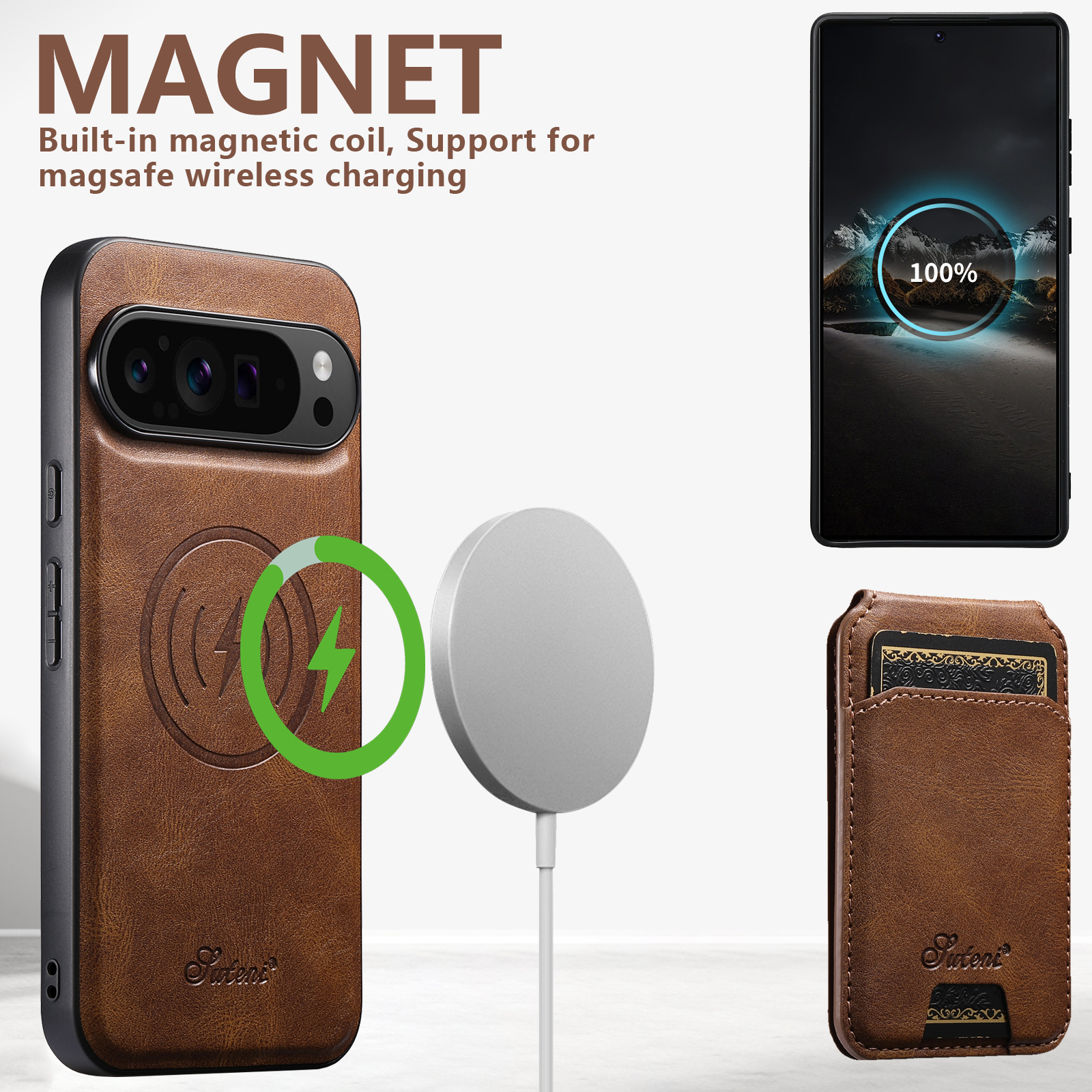 SUTENI H15 Wireless Charging Faux Leather Magnet Card Holder Stand Picture frame Phone Case For Google Pixel 10ProXL 9 8A 7 6