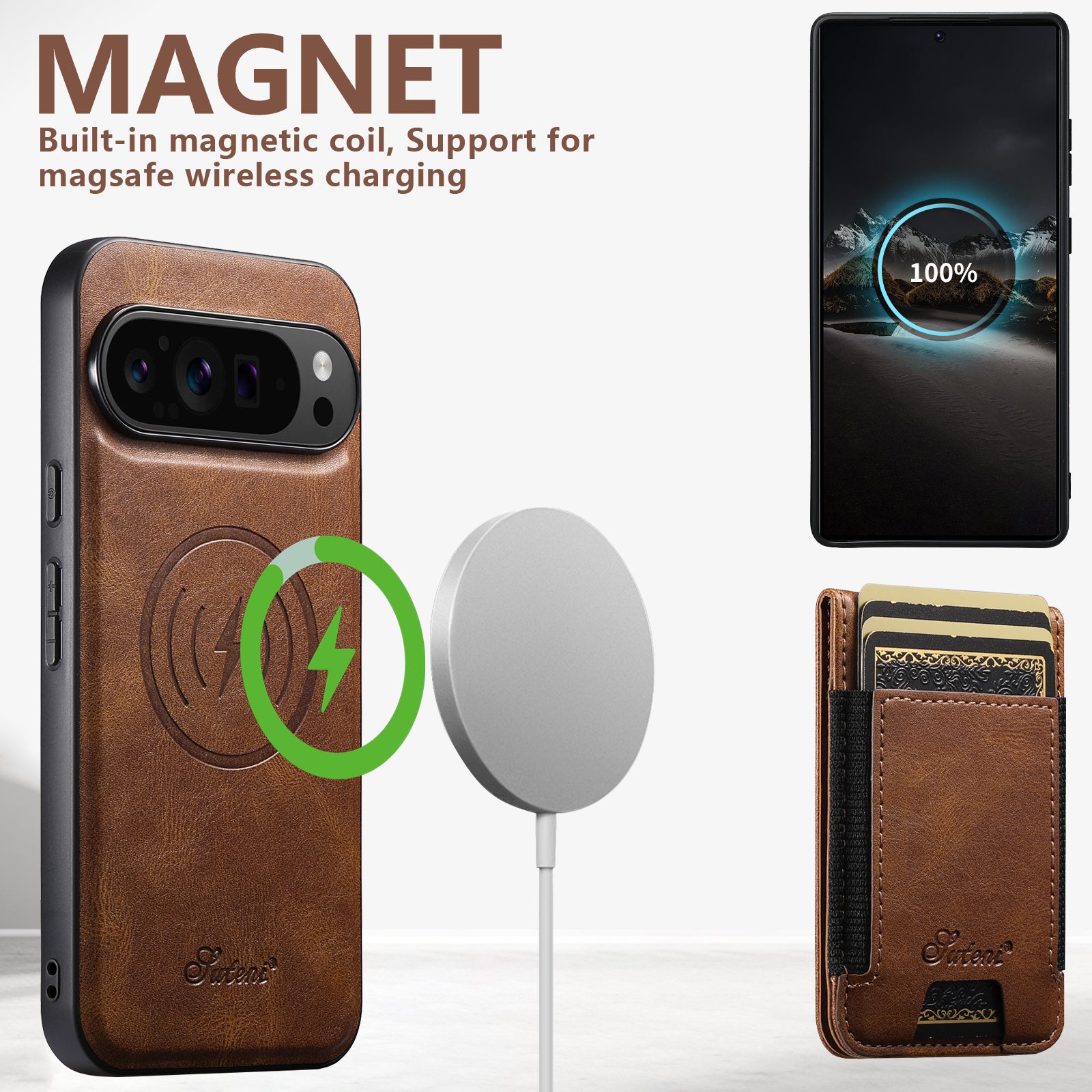 SUTENI H17YL Faux Leather Phone Case Wireless Charging Magnet Card Holder Stand For Google Pixel 10ProXL 9 8A 7 6