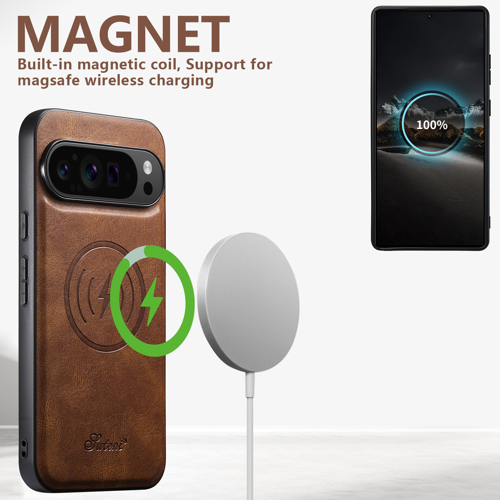 SUTENI H15DK Luxury Faux Leather Oil Wax Phone Case Magnet Wireless Charging For Google Pixel 10ProXL 9 8A 7 6