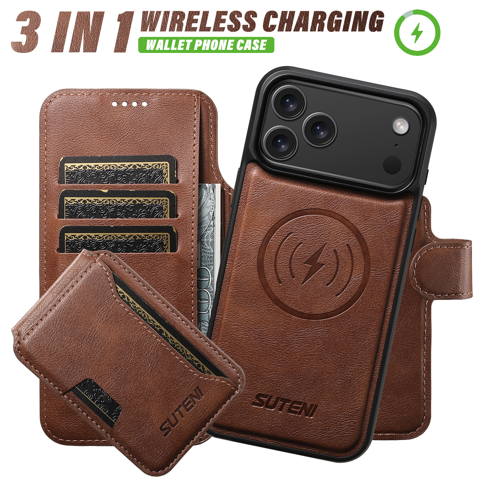 SUTENI Q05S3 Faux Leather Wireless Charging Card Holder Stand Wallet Magnetic Flip Cover Phone Case For iPhone 17 Pro Max 16 Plus 15 14 13 12