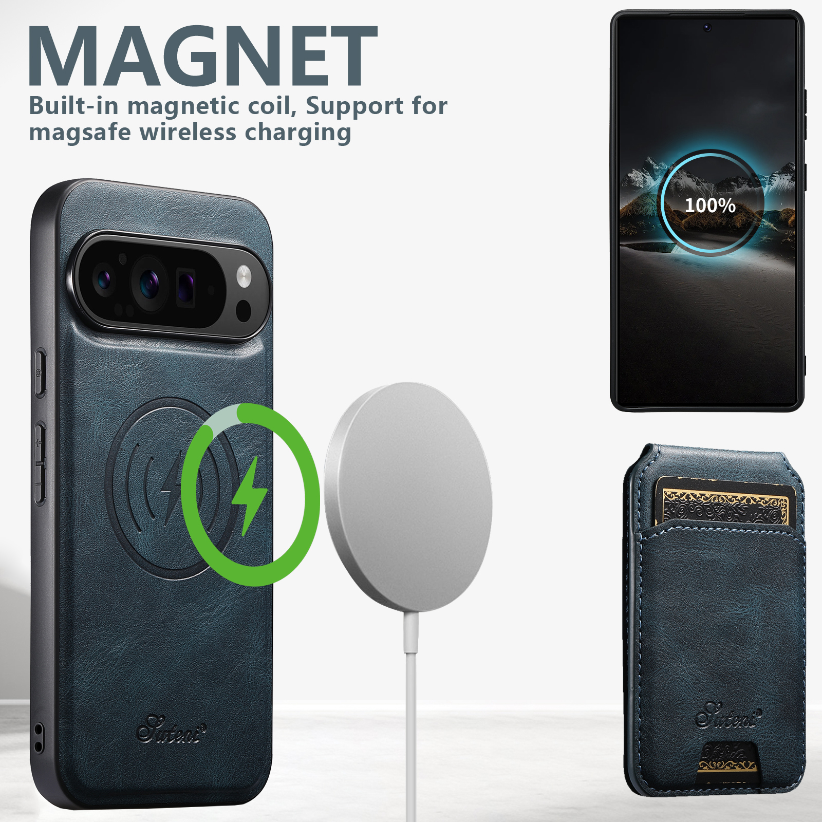 SUTENI H15 Wireless Charging Faux Leather Magnet Card Holder Stand Picture frame Phone Case For Google Pixel 10ProXL 9 8A 7 6