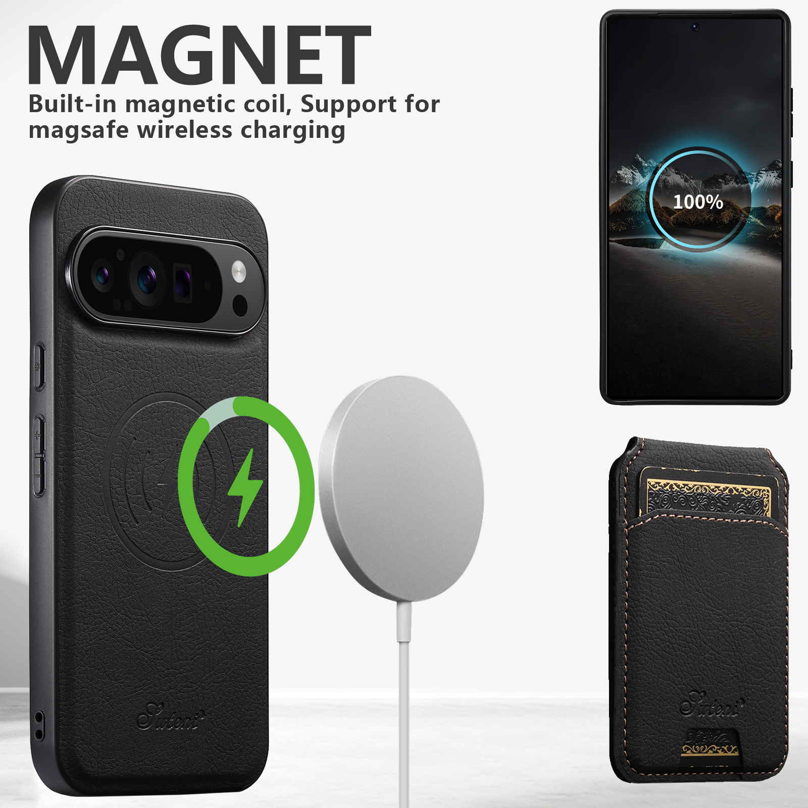 SUTENI H16 Wireless Charging Phone Case Magnet Card Holder Stand Faux Leather For Google Pixel 10ProXL 9 8A 7 6
