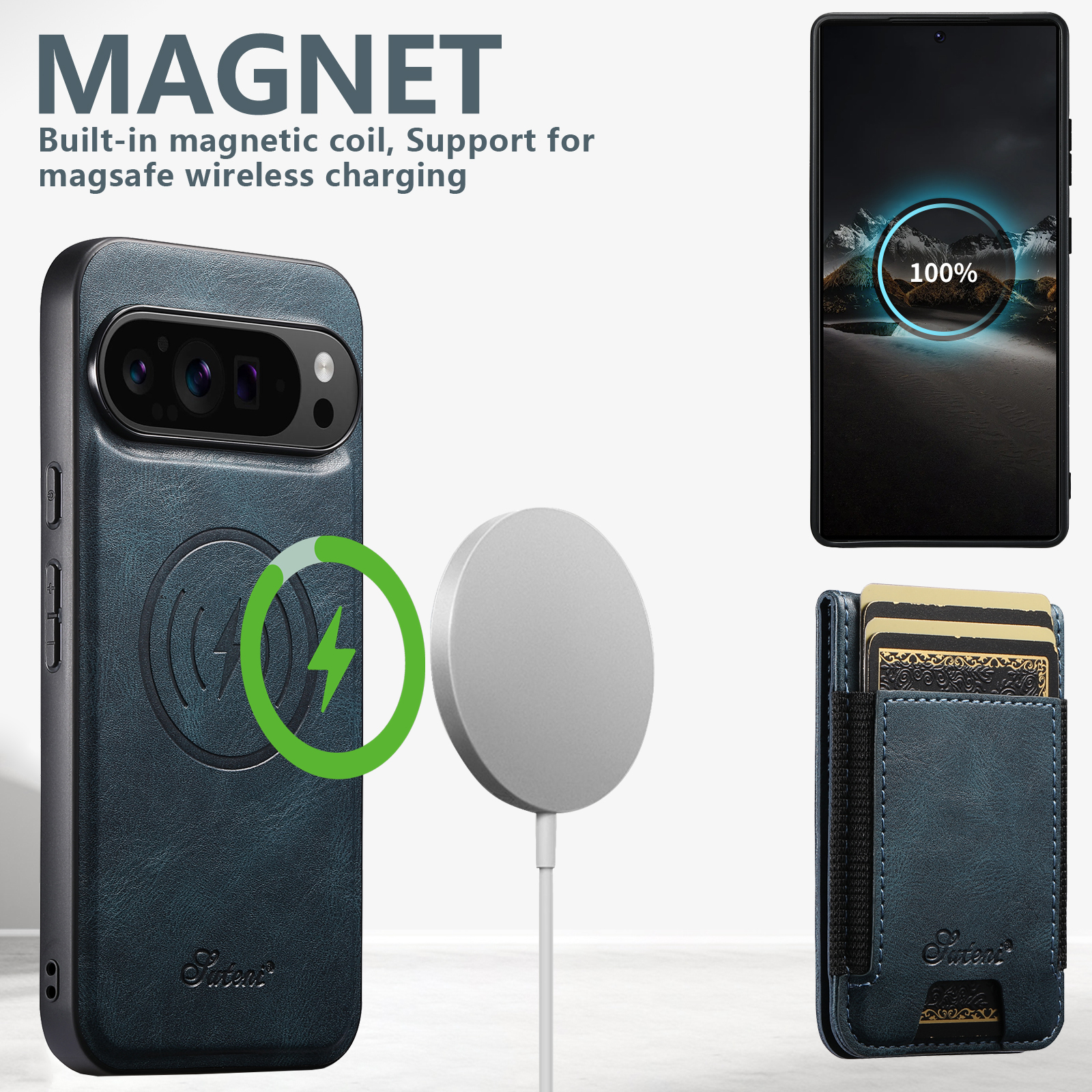 SUTENI H17YL Faux Leather Phone Case Wireless Charging Magnet Card Holder Stand For Google Pixel 10ProXL 9 8A 7 6