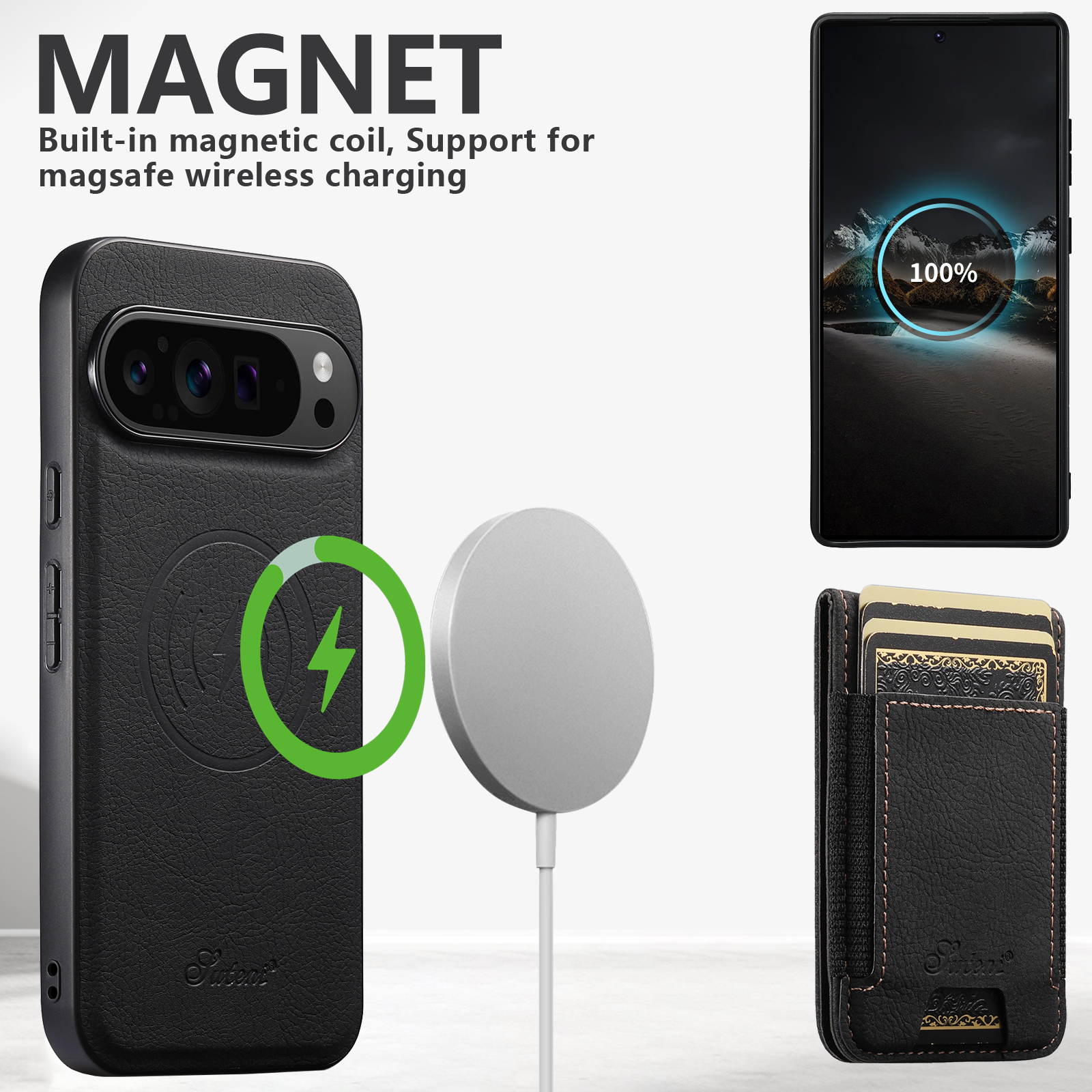 SUTENI H17LZ Magnet Wireless Charging Card Holder Stand Luxury Faux Leather Phone Case For Google Pixel 10ProXL 9 8A 7 6