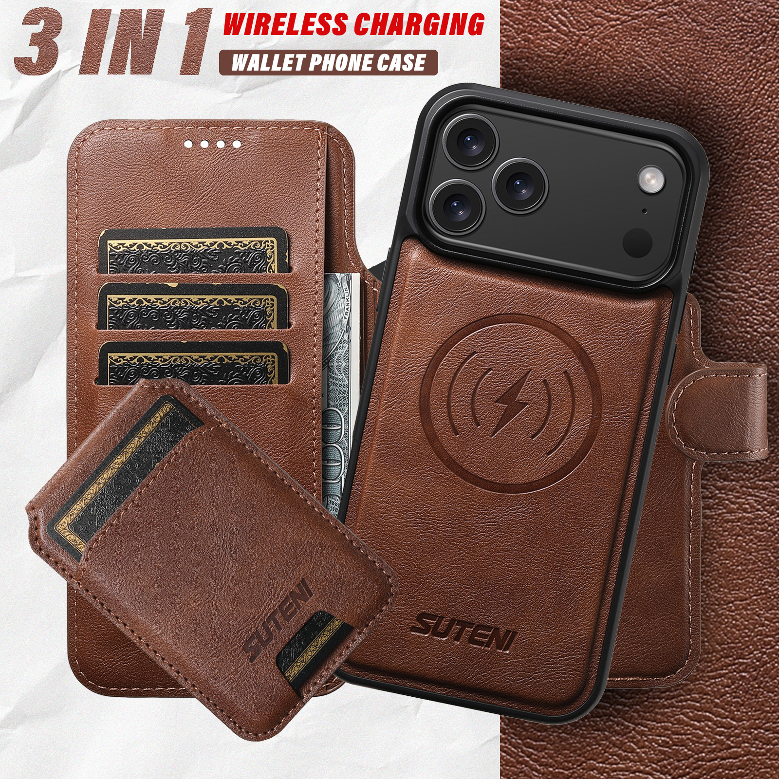 SUTENI Q05S2 Faux Leather Wireless Charging Card Holder Stand Wallet Magnetic Flip Cover Phone Case For iPhone 17 Pro Max 16 Plus 15 14 13 12