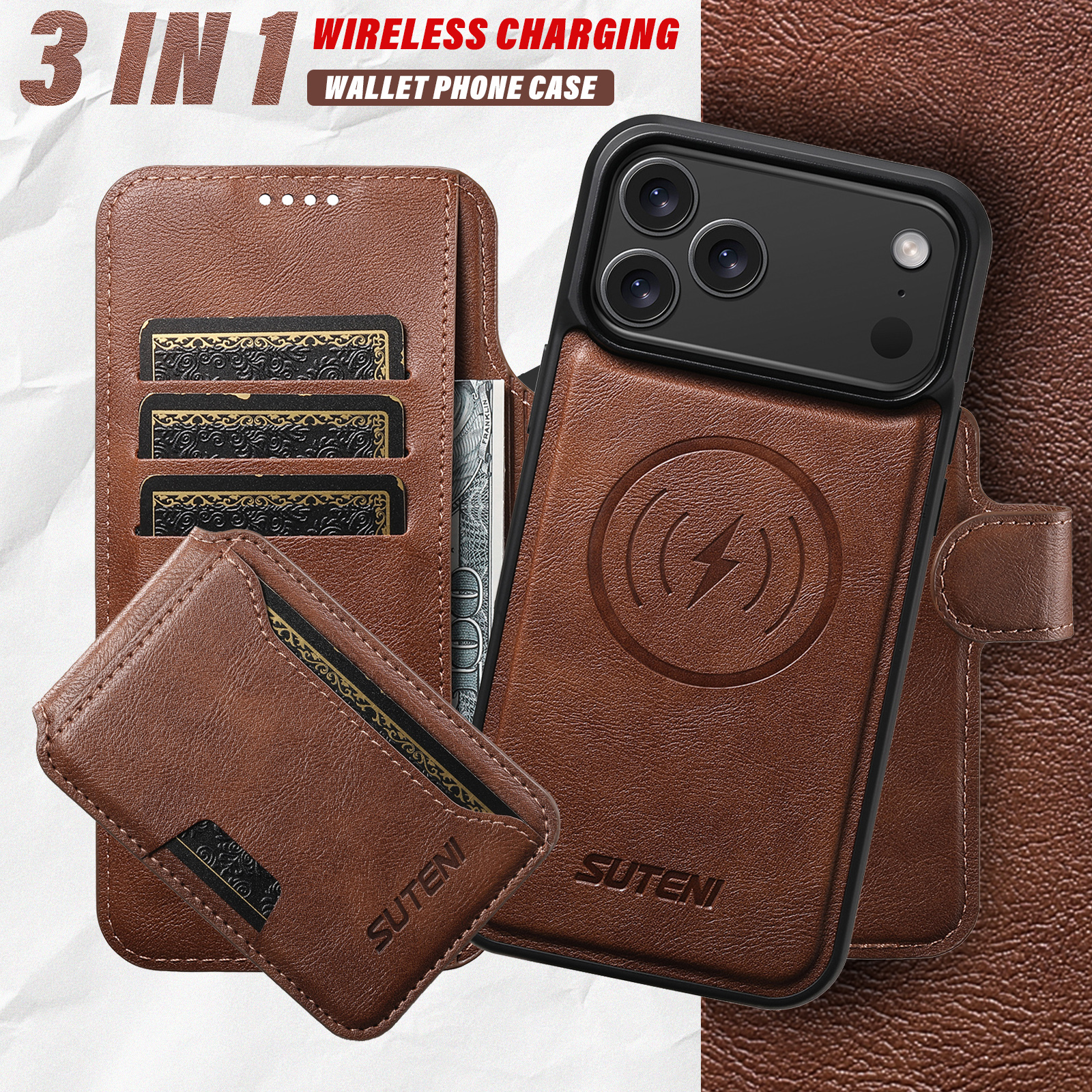 SUTENI Q05S3 Faux Leather Wireless Charging Card Holder Stand Wallet Magnetic Flip Cover Phone Case For iPhone 17 Pro Max 16 Plus 15 14 13 12