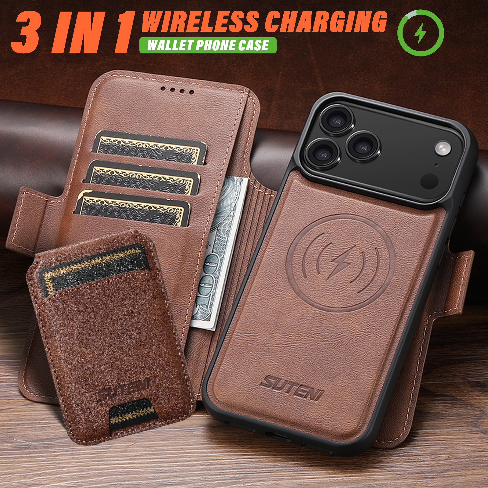 SUTENI Q06S2 Faux Leather Wireless Charging Card Holder Stand Wallet Magnetic Flip Cover Phone Case For iPhone 17 Pro Max 16 Plus 15 14 13 12