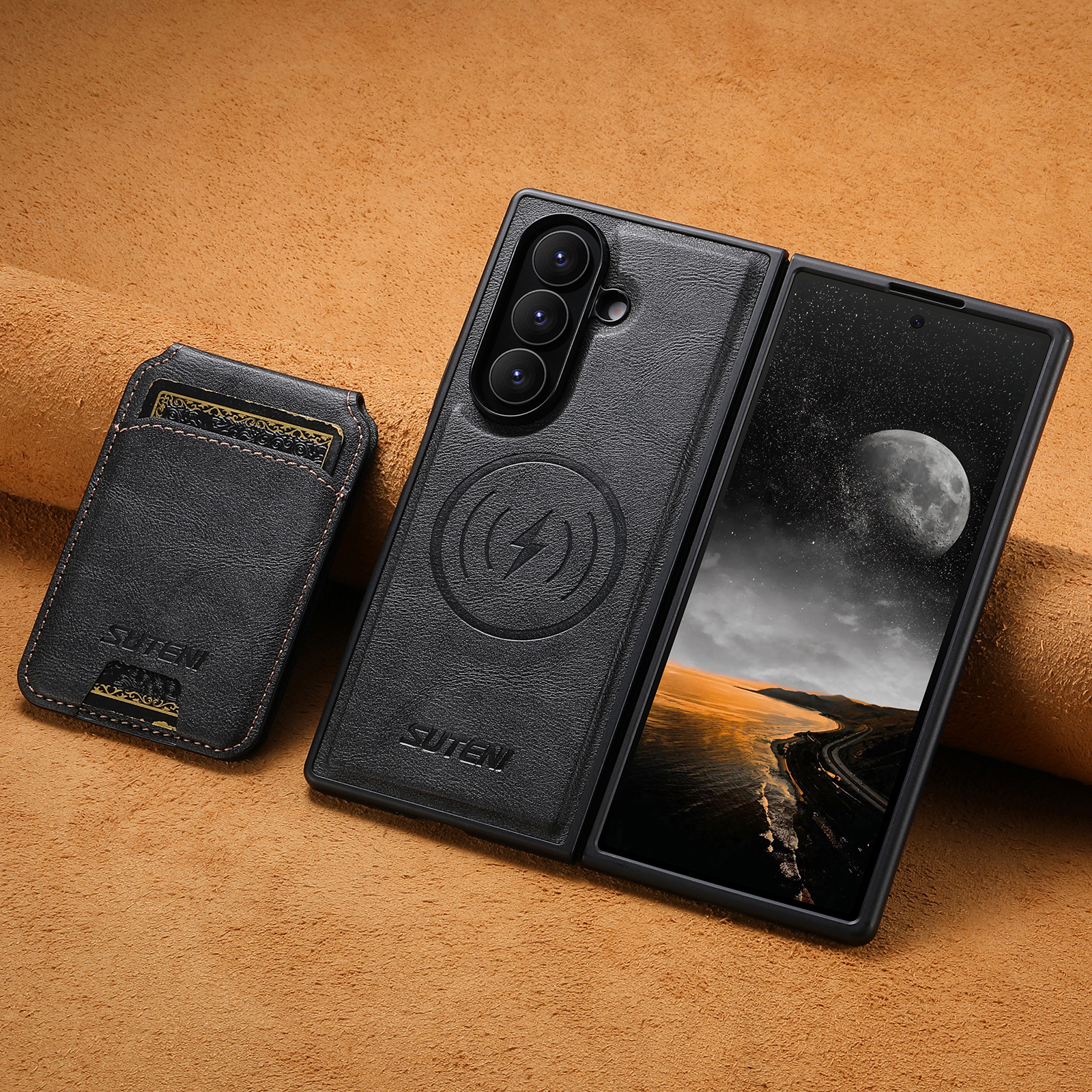 SUTENI M5 Magnet Wireless Charging Luxury Faux Leather Phone Case Card Holder Stand For Samsung Galaxy Z Fold 7 6