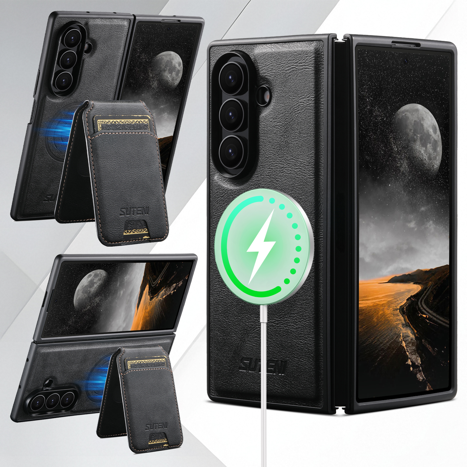 SUTENI M5 Magnet Wireless Charging Luxury Faux Leather Phone Case Card Holder Stand For Samsung Galaxy Z Fold 7 6