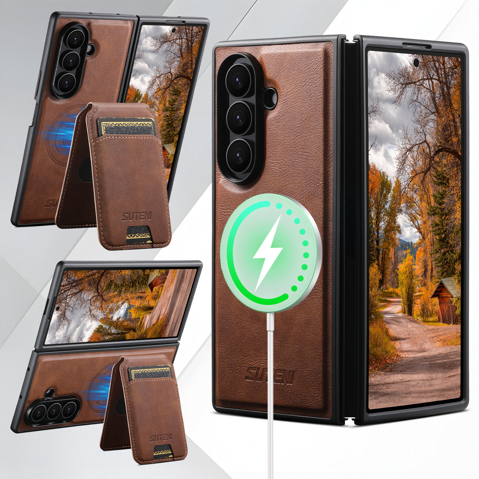 SUTENI M5 Magnet Wireless Charging Luxury Faux Leather Phone Case Card Holder Stand For Samsung Galaxy Z Fold 7 6