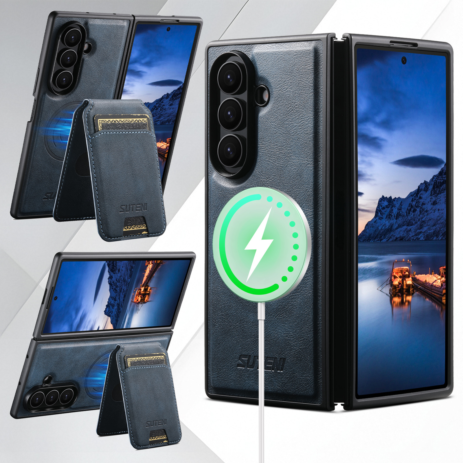 SUTENI M5 Magnet Wireless Charging Luxury Faux Leather Phone Case Card Holder Stand For Samsung Galaxy Z Fold 8 Ultra 7 6