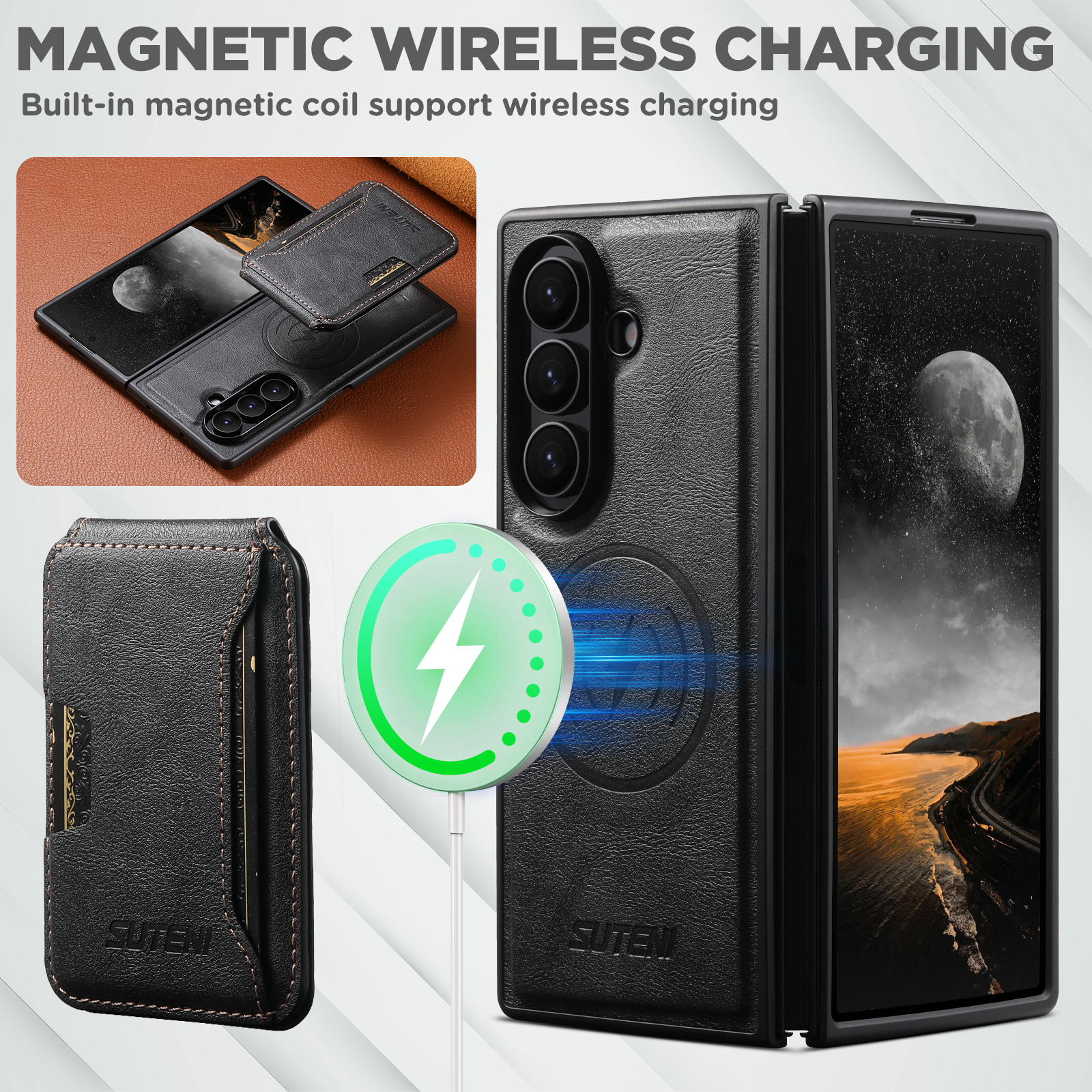SUTENI M3 Magnet Wireless Charging Luxury Faux Leather Phone Case Card Holder Stand For Samsung Galaxy Z Fold 7 6