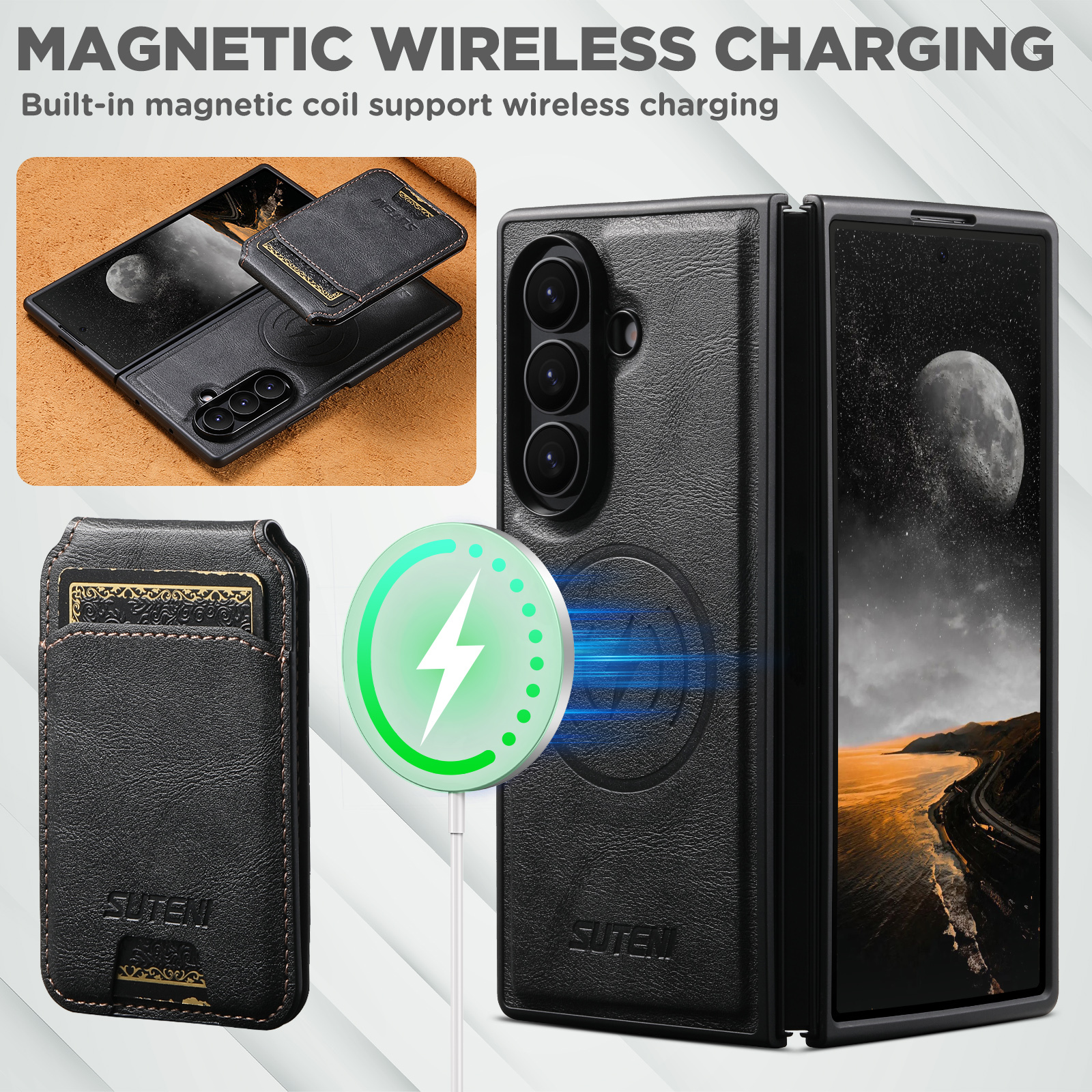 SUTENI M5 Magnet Wireless Charging Luxury Faux Leather Phone Case Card Holder Stand For Samsung Galaxy Z Fold 7 6