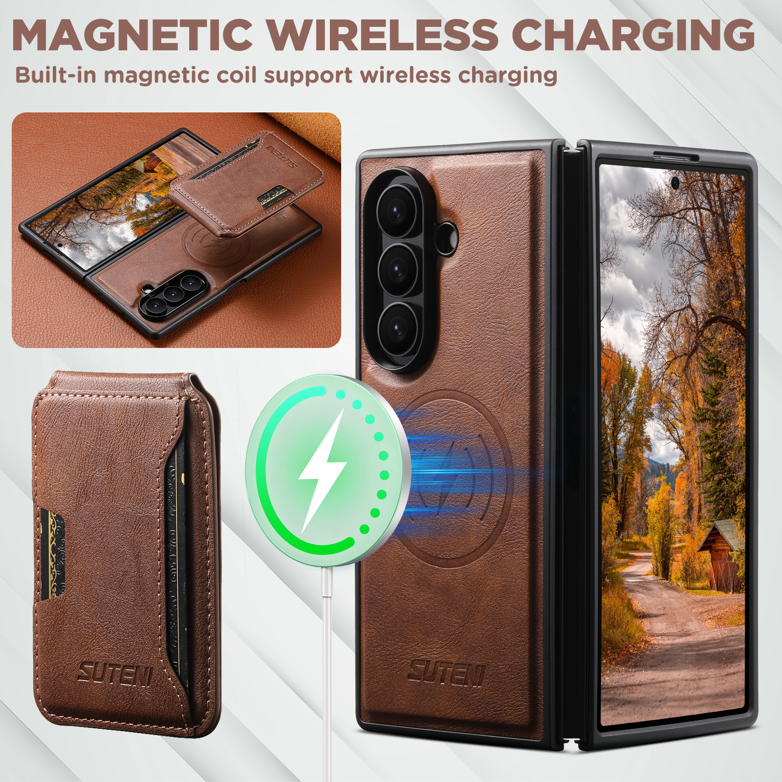 SUTENI M3 Magnet Wireless Charging Luxury Faux Leather Phone Case Card Holder Stand For Samsung Galaxy Z Fold 7 6