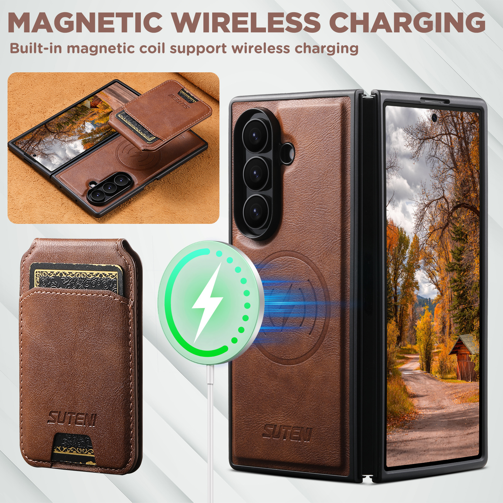 SUTENI M5 Magnet Wireless Charging Luxury Faux Leather Phone Case Card Holder Stand For Samsung Galaxy Z Fold 7 6