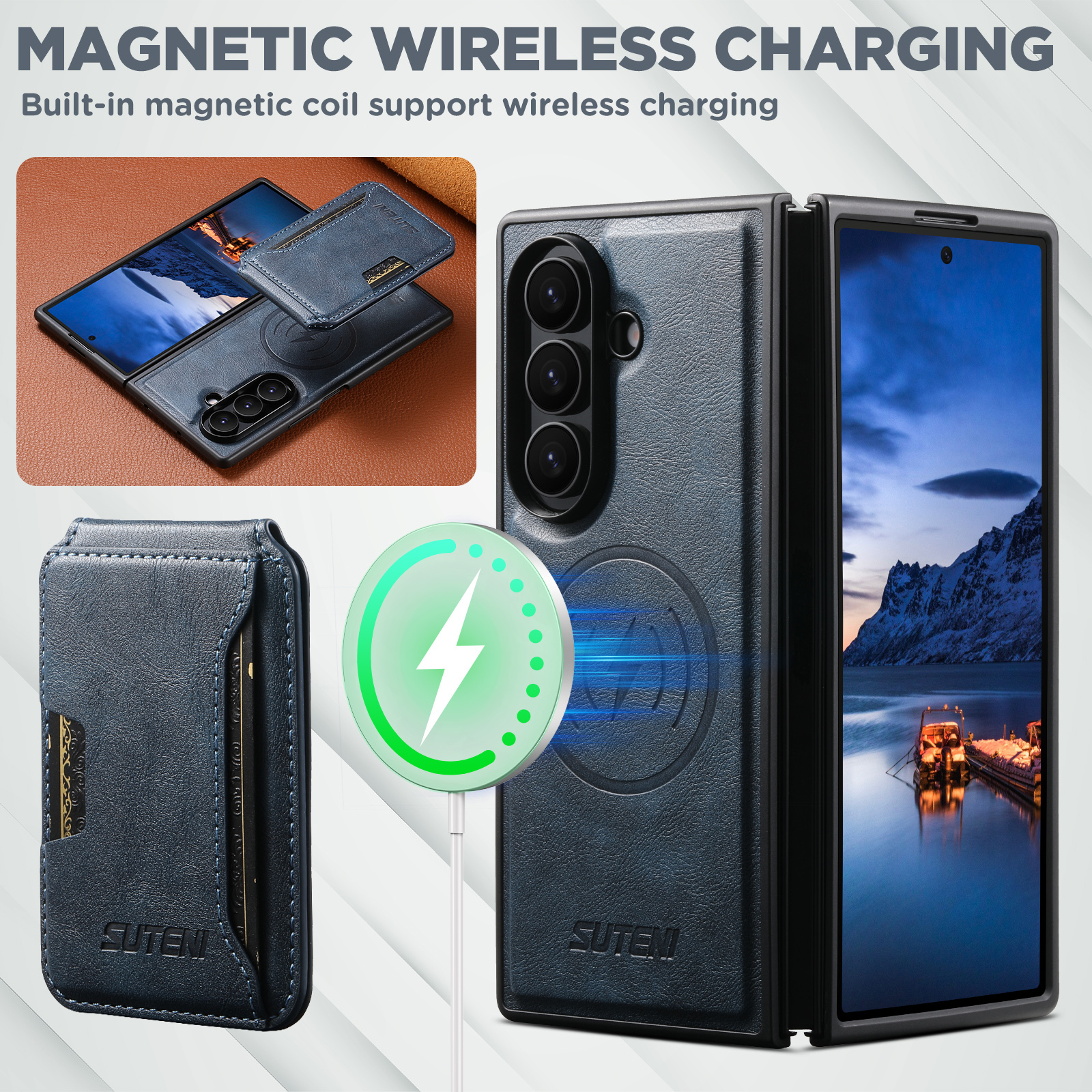 SUTENI M3 Magnet Wireless Charging Luxury Faux Leather Phone Case Card Holder Stand For Samsung Galaxy Z Fold 8 Ultra 7 6