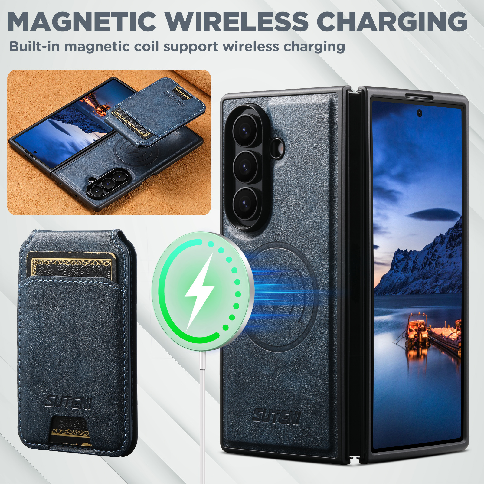SUTENI M5 Magnet Wireless Charging Luxury Faux Leather Phone Case Card Holder Stand For Samsung Galaxy Z Fold 8 Ultra 7 6