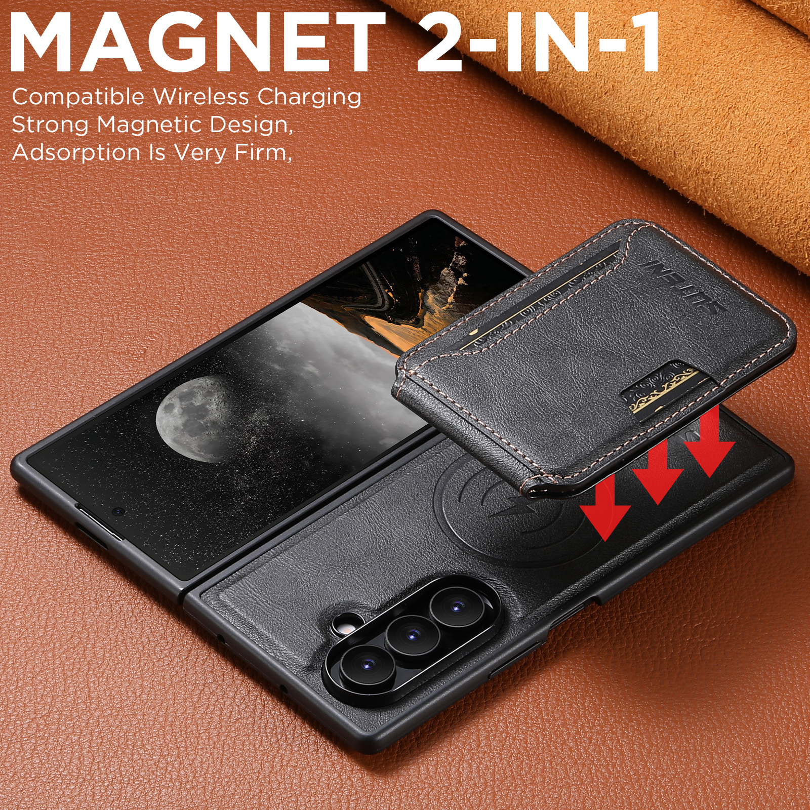 SUTENI M3 Magnet Wireless Charging Luxury Faux Leather Phone Case Card Holder Stand For Samsung Galaxy Z Fold 7 6